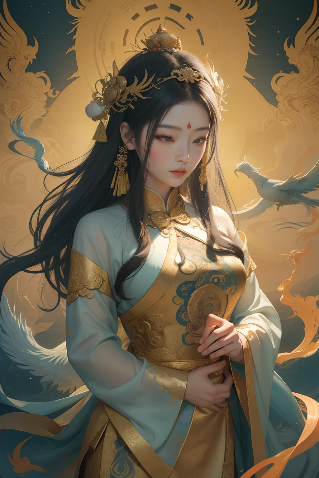 an ancient Chinese goddess, guanyin of the southern seas, Guanyin, Inspired by China, Avalokiteshvara rides a phoenix，,Serene expression,shui mo hua,Buddha,Buddhist,Lotus,Chinese painting style,Thangka style