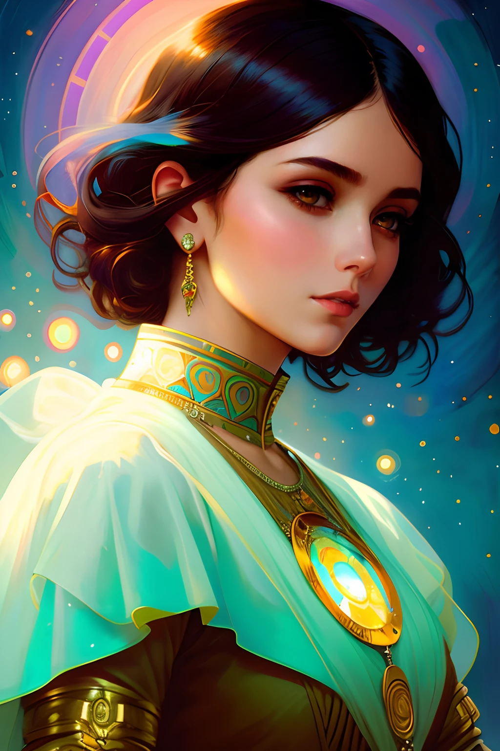 Color Picker, spectrum, beautiful Latina woman, body complet, looks at the viewer, symmetrically, Eyes Covered, slight smile, Spiritual Awakening, intricate detials, Space, Essential, Mystical, Complex environment, brush strokes, glowing lights, by Greg Rutkowsky, rhads, beeple, makoto sinkai ,Lois van Baarle,illya kuvshinov,Rossdrous,Tom Bagshaw,by Alphonse Mucha,tmasterpiece,extra high resolution,hiquality,