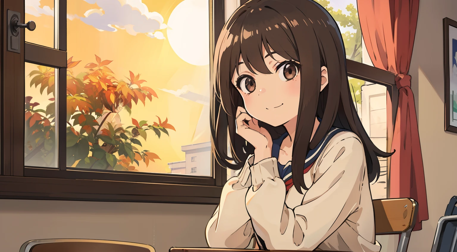 A dark-haired man with brown eyes，A girl with bangs sits in a chair by the window in the back of the classroom。A pale yellow beam from the setting sun slammed through the window on her plain clothes。She held her cheek with one hand，Place one hand flat on the tabletop，Look out the window in fascination，With a smile。Breeze in the wind，The curtains fluttered。The viewing angle is frontal，I can see the girl's whole body and the entire window。