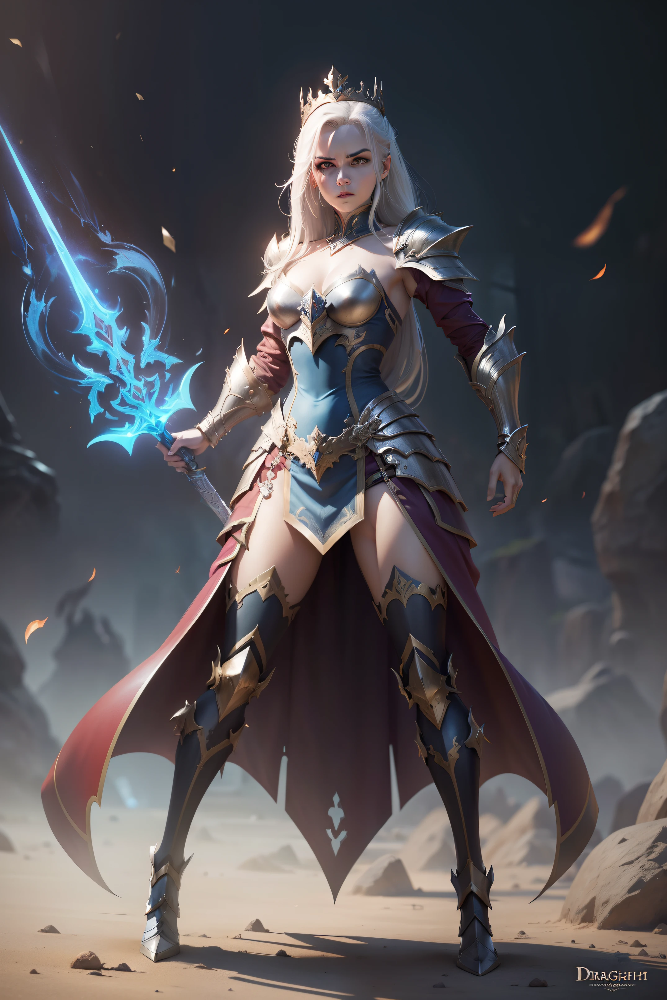 Cartoon Style，Real thick coating texture， [Full body portrait], Thigh gap.She wears white armor made of siren bones，The armor is covered with spikes，Just like Zyra in LOL，Holding a spear in hand，Half exposed chest and waist，She has a tail