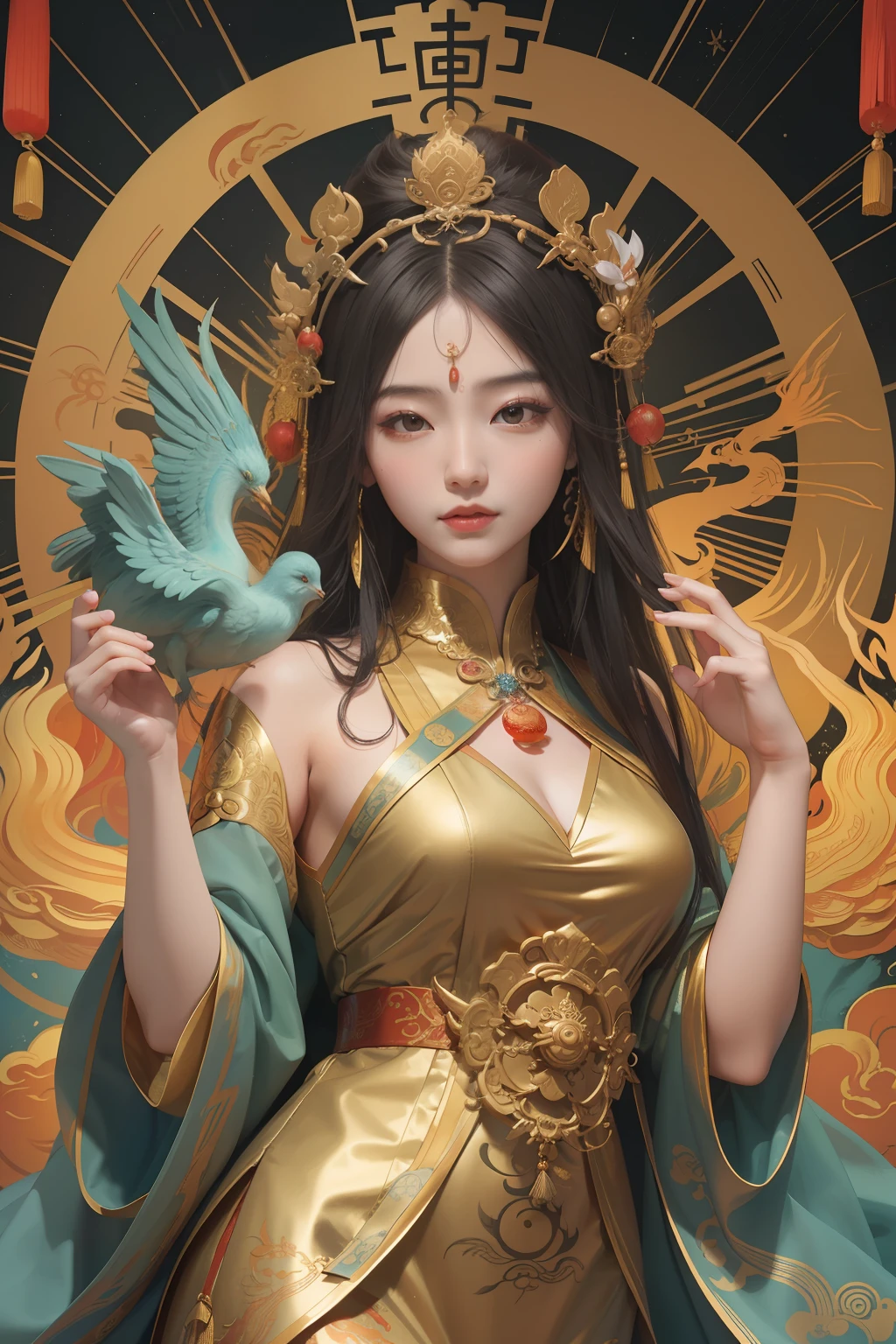 an ancient Chinese goddess, guanyin of the southern seas, Guanyin, Inspired by China, Avalokiteshvara rides a phoenix，,Serene expression,shui mo hua,Buddha,Buddhist,Lotus,Chinese painting style,Thangka style
