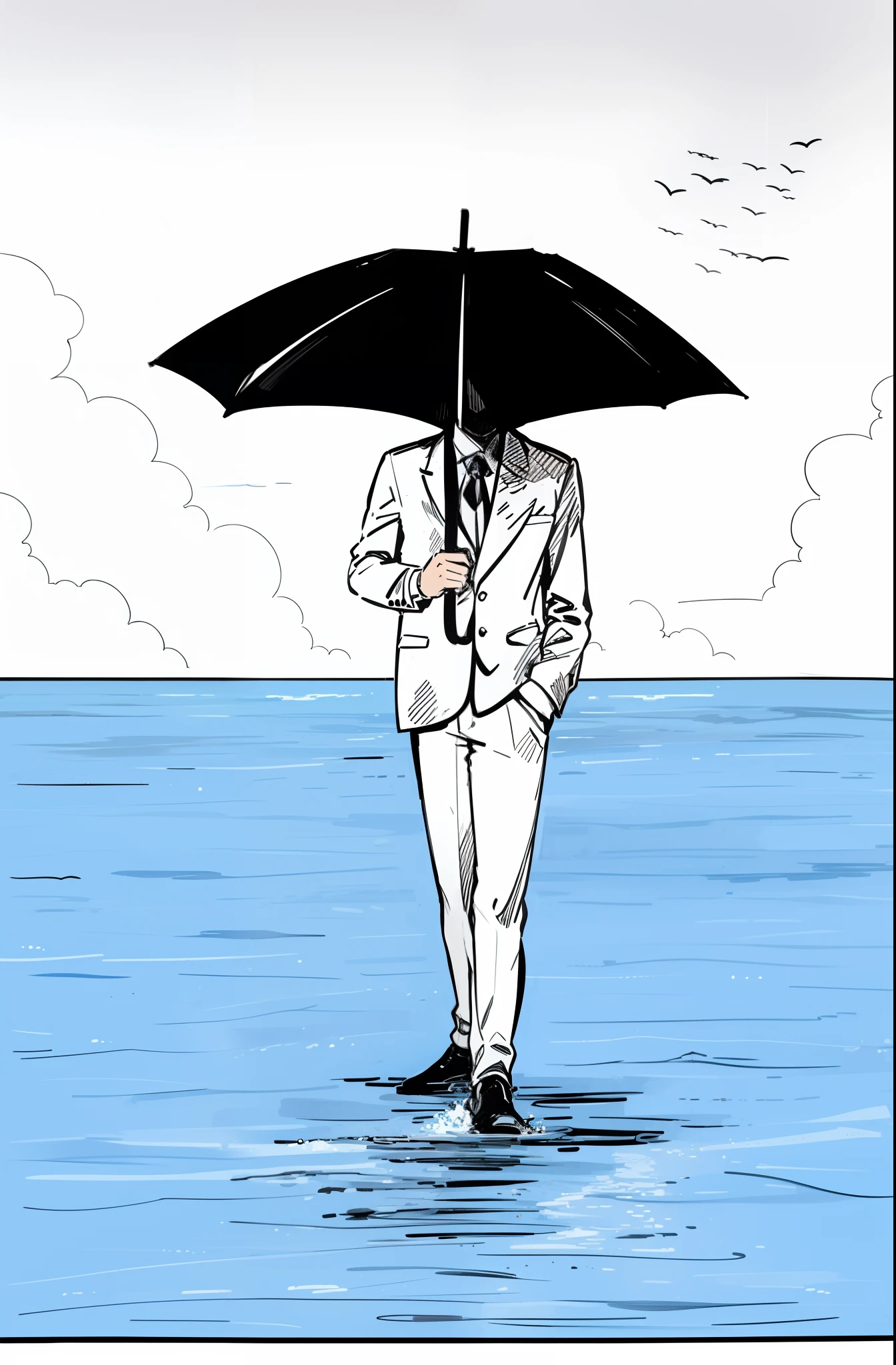 Homem de terno branco,on a sea floor and cloud sky