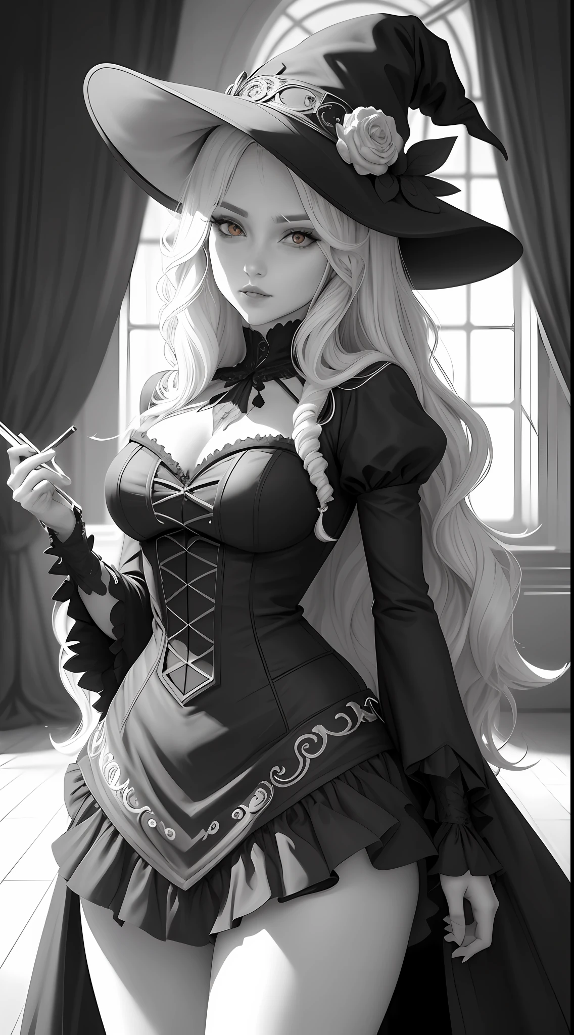 Coloring page, Black and white line art coloring page of a beautiful Witch halloween woman in the style of anime realism, wavy hair and perfect slim fit body, masterpiece digital art with animecore influence, berry, vibrant, living room, highly detailed gothic style background, eye-catching composition, artgerm, portrait, monochrome,