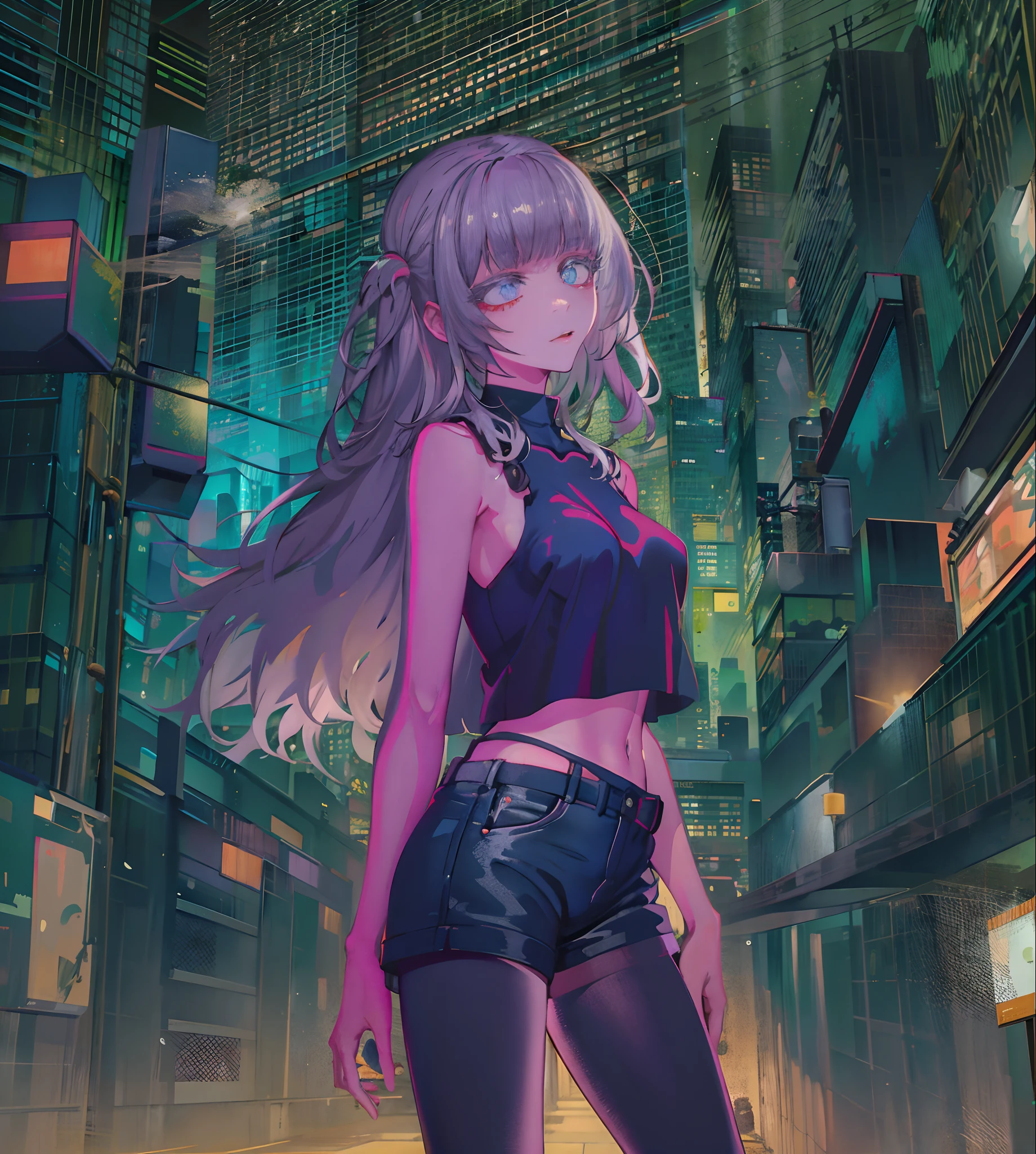 Noite, Fundo colorido da cidade cyberpunk, chuva, Rua, Maid , Nanakusa Nazuna, 1menina, franja, fundo preto, jaqueta preta, camisa preta, shorts pretos, olhos azuis, franja romba, seios, recorte de decote, recorte de roupa, crop top, sombra, presas, gradient hair, cabelo grisalho, hair rings, jaqueta, cabelo roxo claro, olhando para o espectador, maquiagem, cabelo multicolorido, umbigo, boca aberta, sombra vermelha, camisa, shorts, sem mangas, sleeveless turtleneck, manga top de colheita de gola alta, seios pequenos, solo, stomach, gola alta, topo de colheita de gola alta, cabelo de dois tons, vampiro, olhos azuis, olhos brilhantes, Meias pretas, retroiluminado, brilhar, Surveying the audience, Low angle lens, olhando para cima lente, perfect composition, delicadeza perfeita de luz e sombra, 8k,1girl,cabelos longos, cabelo sobre virilha,  (),somente_Arms,ao ar livre,Nosso,Luz_sorrir