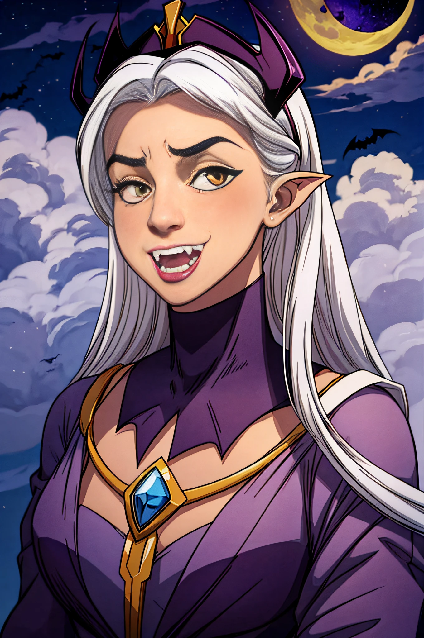 portrait of a vampire queen, long white hair, (fangs:1.3), tiara, noble clothing, (bats:1.3), (clouds, moon:1.2), (night)