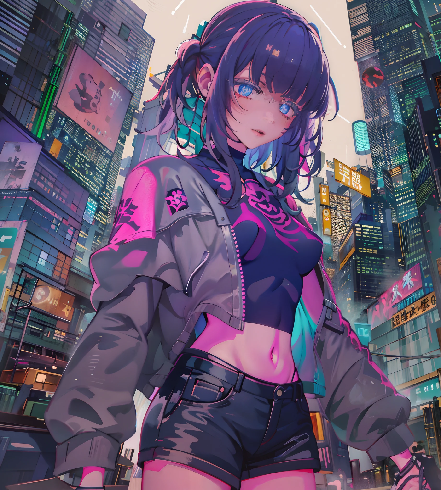 Noite, Fundo colorido da cidade cyberpunk, chuva, Rua, Maid , Nanakusa Nazuna, 1menina, franja, fundo preto, jaqueta preta, camisa preta, shorts pretos, olhos azuis, franja romba, seios, recorte de decote, recorte de roupa, crop top, sombra, presas, gradient hair, cabelo grisalho, hair rings, jaqueta, cabelo roxo claro, olhando para o espectador, maquiagem, cabelo multicolorido, umbigo, boca aberta, sombra vermelha, camisa, shorts, sem mangas, sleeveless turtleneck, manga top de colheita de gola alta, seios pequenos, solo, stomach, gola alta, topo de colheita de gola alta, cabelo de dois tons, vampiro, olhos azuis, olhos brilhantes, Meias pretas, retroiluminado, brilhar, Surveying the audience, Low angle lens, olhando para cima lente, perfect composition, delicadeza perfeita de luz e sombra, 8k,1girl,cabelos longos, cabelo sobre virilha,  (),somente_Arms,ao ar livre,Nosso,Luz_sorrir