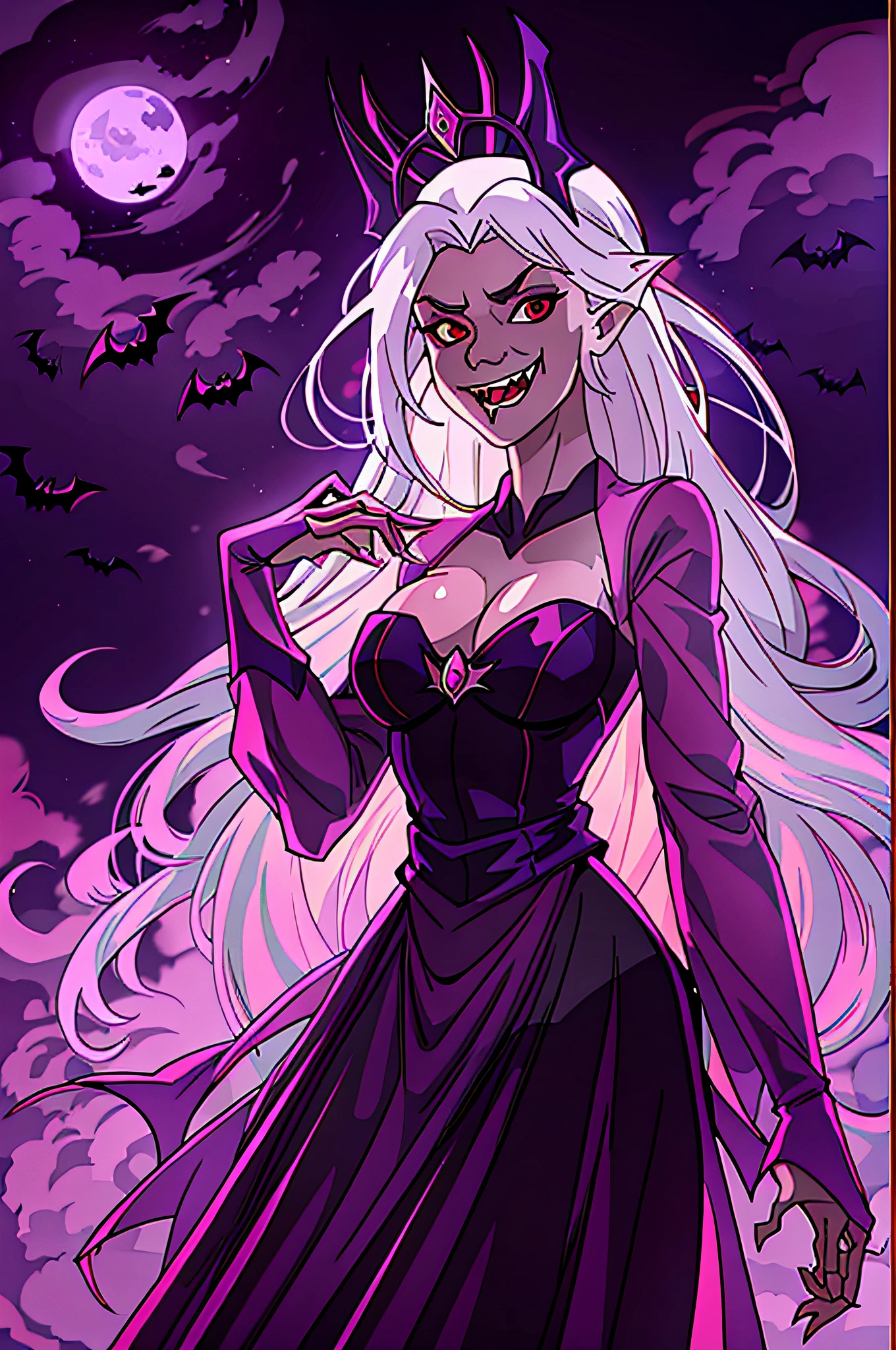 portrait of a vampire queen, long white hair, sinister smile, (fangs:1.3), tiara, noble black dress, (bats:1.3), pink (clouds, moon), night