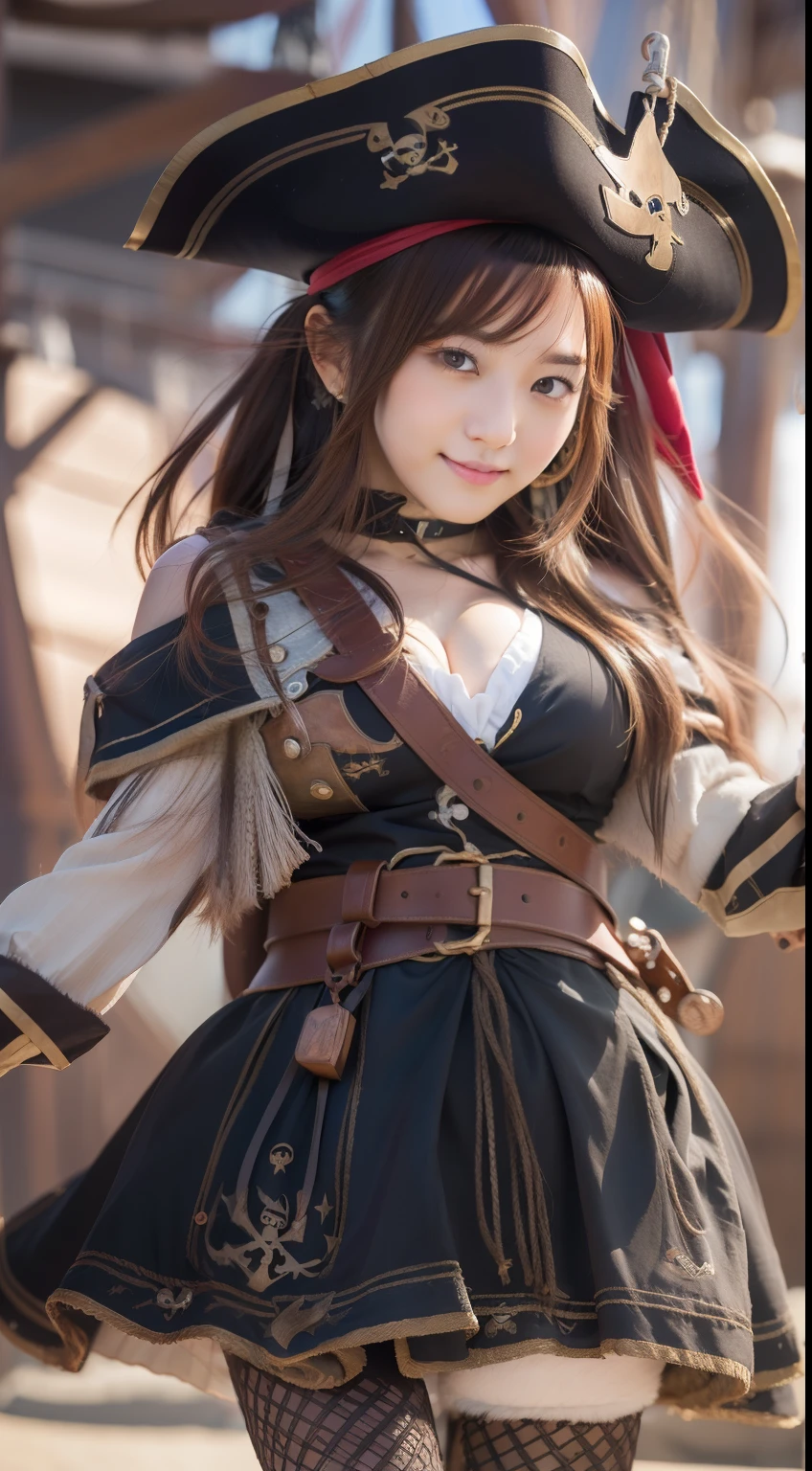 (masutepiece), Best Quality, Expressive eyes, Perfect face, photos realistic (1 cute Korean star) shoulder-length hair, Thin makeup, medium breasts size, A slight smil, Wearing Pirate Cosplay, Pirate ship in the background, Canon EOS clear facial features, 16 K, High resolution, sharp and realistic details.