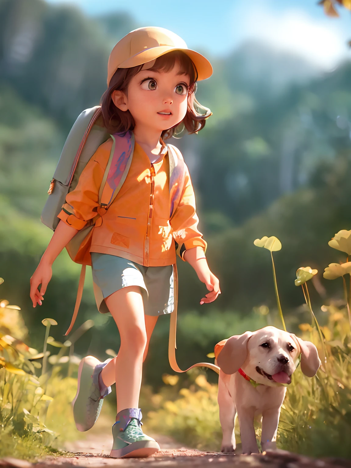 there is a girl walking a dog on a path, childrens art in artstation, adorable digital painting, atey ghailan 8 k, adventure hyper realistic render, small character. unreal engine 5, cute detailed digital art, wojtek fus, artwork in the style of guweiz, by Leng Mei, render naughty dog, by Zeng Jing