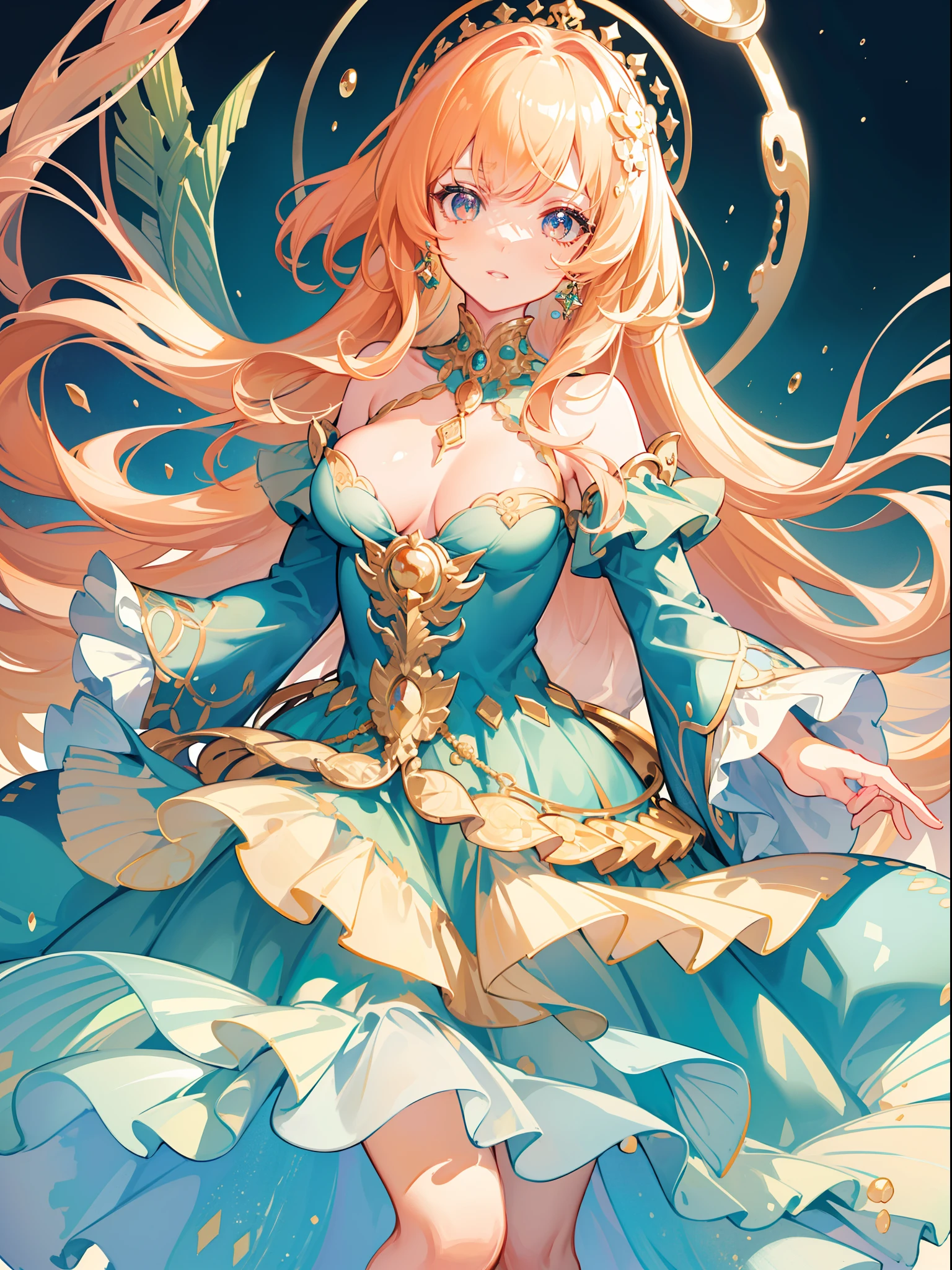 masterpiece, best quality, 8k resolution, sharp focus, intricate detail, beautiful girl, sparkling eyes, golden ratio face, otherworldly liquid, watercolor, muted colors, bright colors, whimsical, colorful, sharp focus, high resolution, fine detail, ((layered tiered puffy long sleeves ballgown)), ((round eyes)), iridescent bubbles, fantasia background