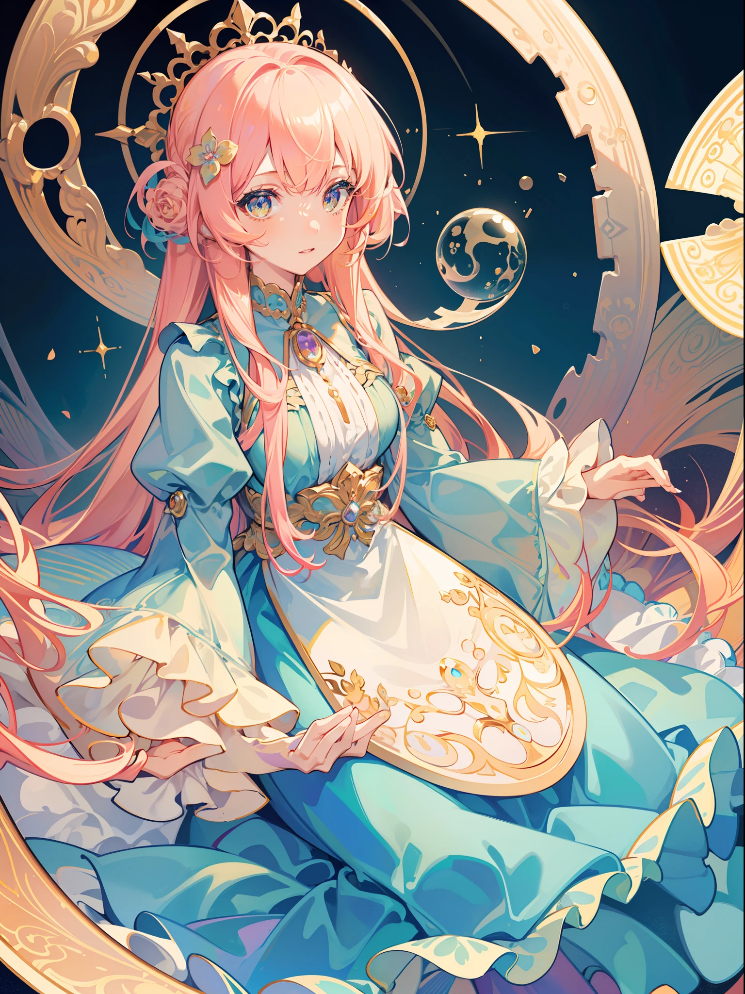 masterpiece, best quality, 8k resolution, sharp focus, intricate detail, beautiful girl, sparkling eyes, golden ratio face, otherworldly liquid, watercolor, muted colors, bright colors, whimsical, colorful, sharp focus, high resolution, fine detail, ((layered tiered puffy long sleeves ballgown)), ((round eyes)), iridescent bubbles, fantasia background