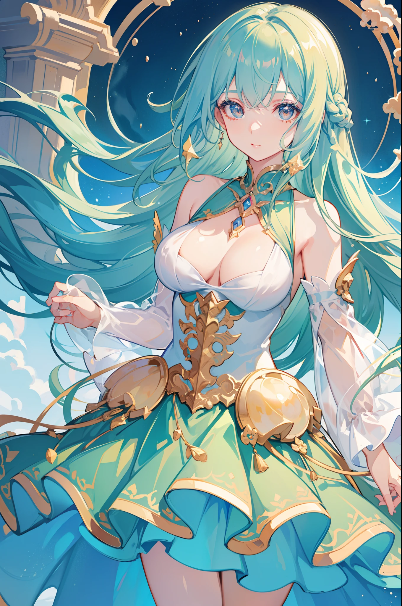 masterpiece, best quality, 8k resolution, sharp focus, intricate detail, beautiful girl, sparkling eyes, golden ratio face, otherworldly liquid, watercolor, muted colors, bright colors, whimsical, colorful, sharp focus, high resolution, fine detail, ((layered tiered puffy long sleeves ballgown)), ((round eyes)), iridescent bubbles, fantasia background