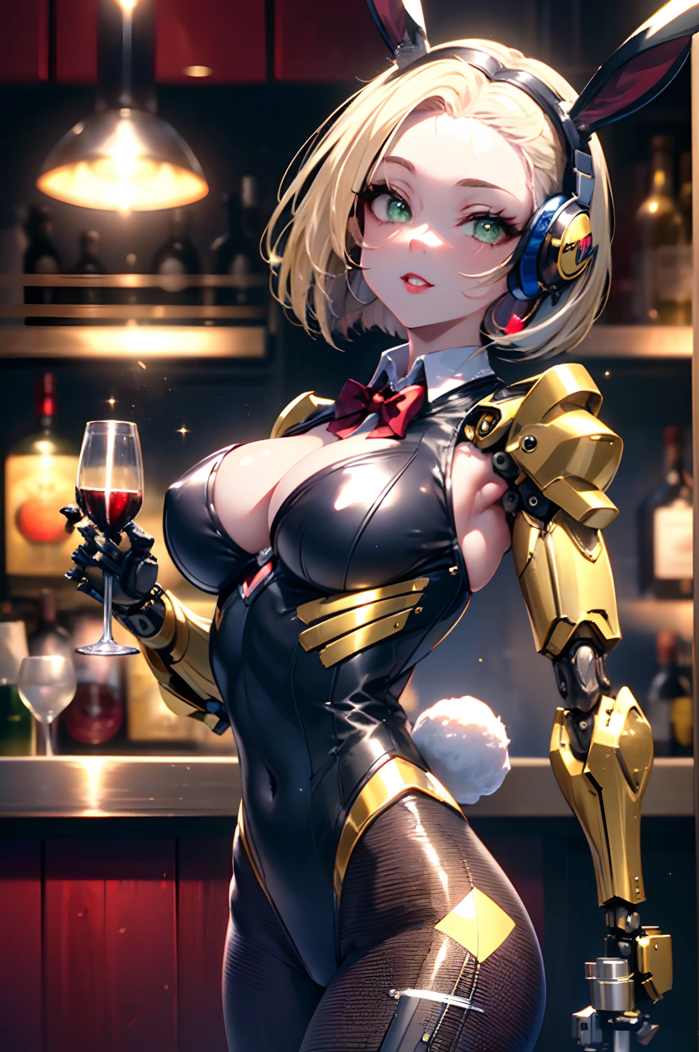 beautiful mechanical woman, solo, (half closed eyes, green eyes), (masterpiece eyes:1.3), BREAK, seductive smile, (mechanical bunny girl: 1.3), (black exoskeleton leotard: 1.3), (golden color mechanical joints, mechanical arms, mechanical legs:1.3), (exposed armpits), BREAK, (long eyelashes, red lips), bowtie, rabbit ear headphones, rabbit tail, (blonde hair, bob cut), (forehead:1.3), BREAK, Flat_Chest, Huge_, wide_lower back, (5fingers, 4fingers and 1thumb), BREAK, cyberpunk, (bar), bar counter and round chairs, wine, whiskey, bourbon, neon signboard, (arms behind back:1.3), Masterpiece, best quality, captures a super cute moment, depth of field, ultra detailed, ultra high resolution, C4D, Octadale, 3D modeling, 8k, 16k,