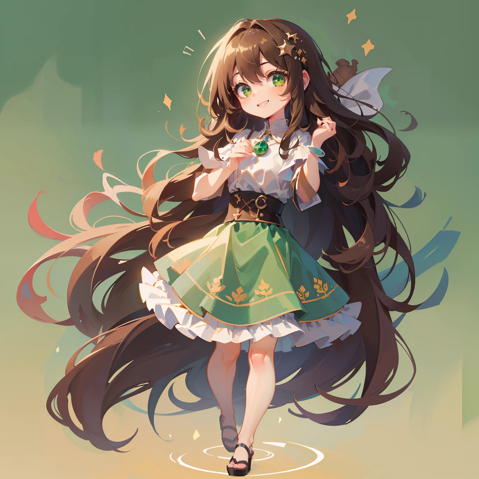 (masterpiece), (best quality), ultra high res, sharp focus, ((1 woman, solo)), full body, photo profile shot, (chibi style:1.4), beautiful detailed hair, chestnut brown hair, long hair tumbles down, beautiful detailed face, ((beautiful shape eyes, green eyes)), perfect feminine face, smiles slightly at the viewer, feminine casual outfit, simple flat background