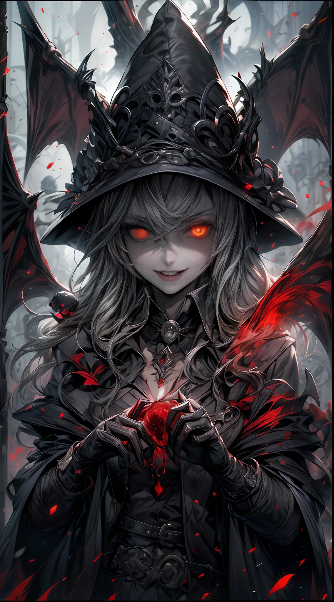 (opulent, A high resolution, super-fine), (Vampires), dracula,Pan(((Red glowing eyes)))looks into camera, evil look, Clear facial features, (Long-brimmed top hat), Pull down the brim with one hand, to grin, Showing vampire fangs, Wear a gorgeous black aristocratic tunic, Silvery hair, rosette, Skull decoration, the bats, The body is surrounded by red mist, Red moonshine, Kingly temperament, Close-up Shot Shot, cinematic rim light, The light is delicate, tmasterpiece, ultra - detailed, Epic composition, Super HD, high qulity, HighestQuali, 32K, grin, poison fangs