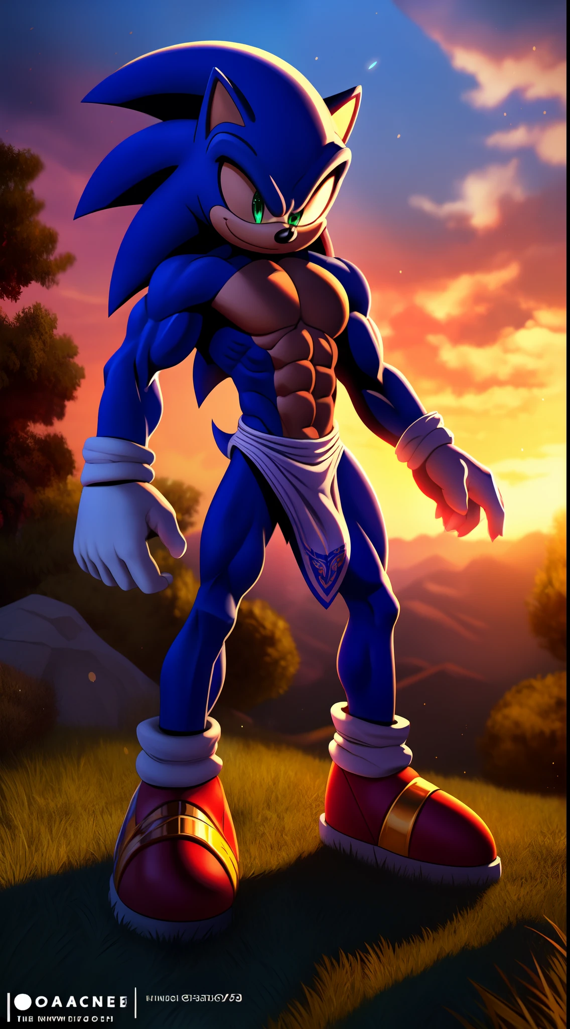 Male Sonic the hedgehog in the garden,Dreamy background,Lotus position,Bring your palms together,Spread legs, of a shirtless,Blue loincloth,nipple bump,Large balls and sheaths,(Penile erection:1.7),A veined skin masterpiece,Sanskrit golden wheel on the back,Flying golden Sanskrit,kindness, divinity,Divine light,Holy light,Boundless light,Magnificent sunset background,rendering by octane,gorgeous features,Beautifully detailed eyes,Intricate fur,Detailed face,Perfect skin texture,extreme hight detail,Full body view,Cinematic lighting,Professional lighting,Centered, looking at the camera in,8K,shooting with Hasselblad X1D-50, maximum focus, Depth of field, Perfect lighting, Light particles,(Best quality),(Masterpiece),(Ultra detailed),Sharp focus,Light particlesMuscular body, Imposing body, Imposing appearance, muscular arms, muscular legs, only body, trapezoid torso, sturdy body, muscular body, defined round and fleshy pecs, defined washboard ABS, defined arms, defined legs, flexing his muscles,