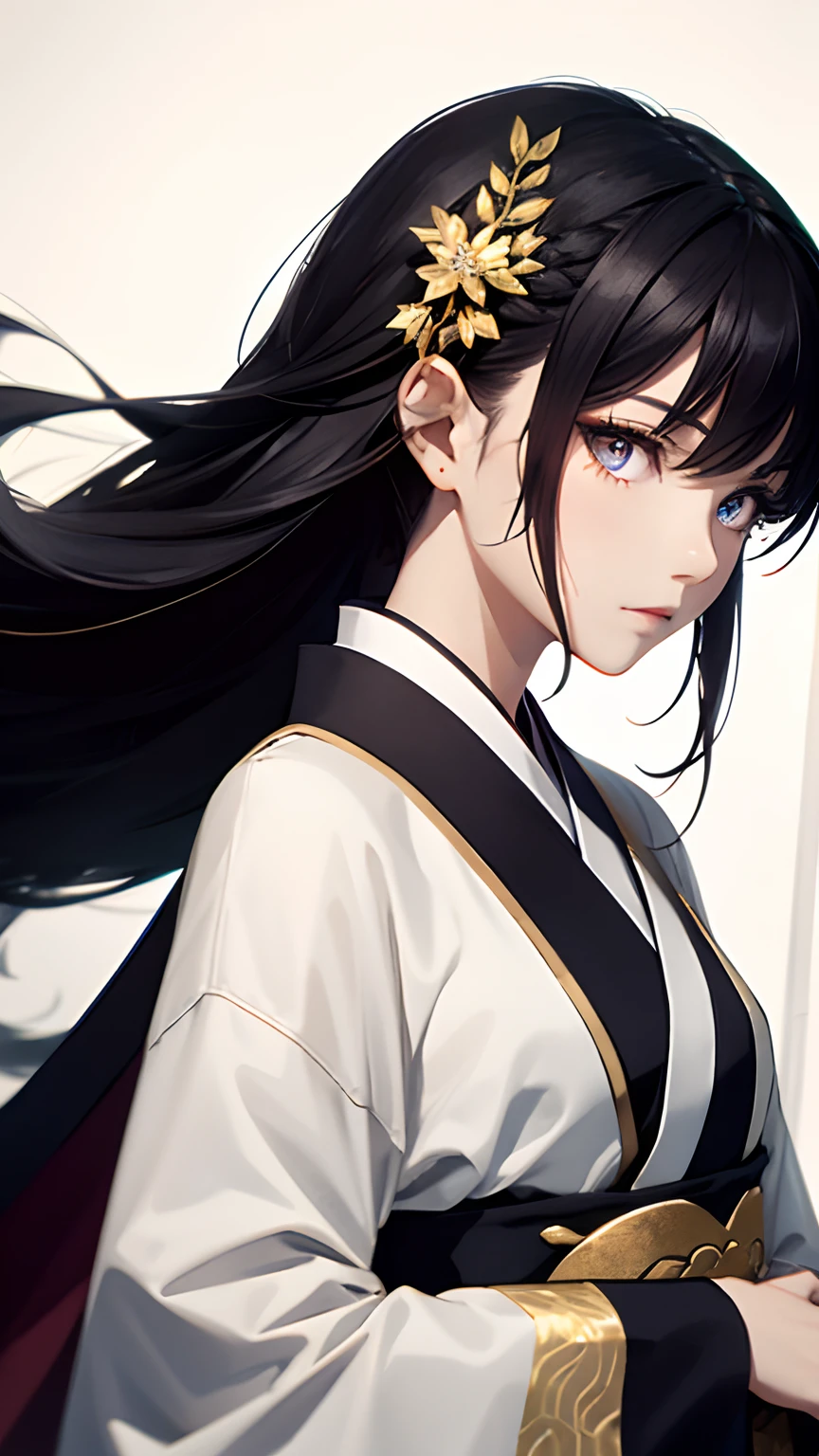 The pictures that need to be drawn should be of high quality，A character with long purple-black hair flowing and golden eyes。She wears a white cape，Look up into the distance。The focus of the picture is on the upper body of the character，Pay attention to details of the hairline and skin。She has a side braid，wearing a hanfu，And wear delicate accessories。Calm expression，k hd，illustrious