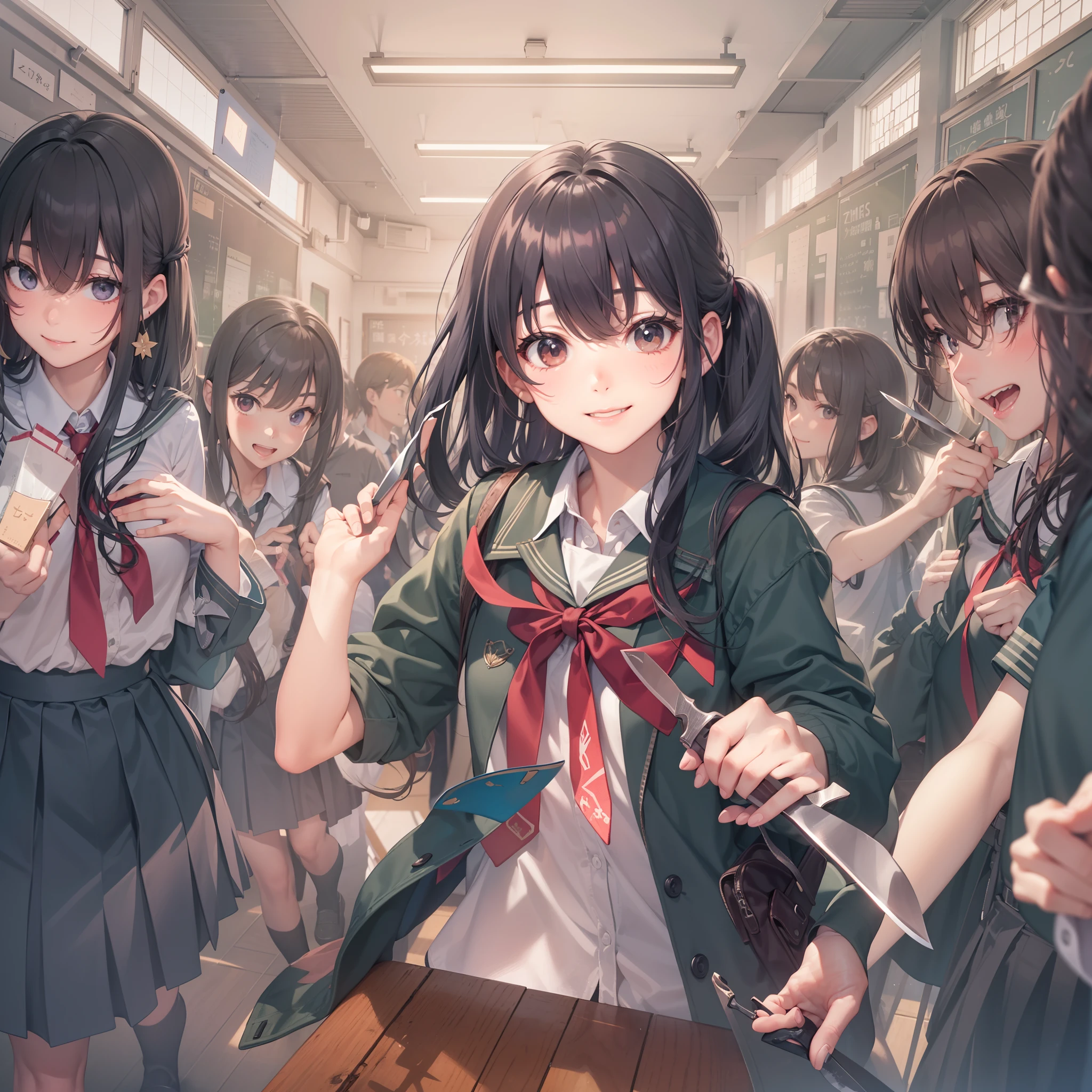 Unpleasant smile of a girl who loves knives in a school classroom、Niccoli holding a knife in one hand、Classmates run away