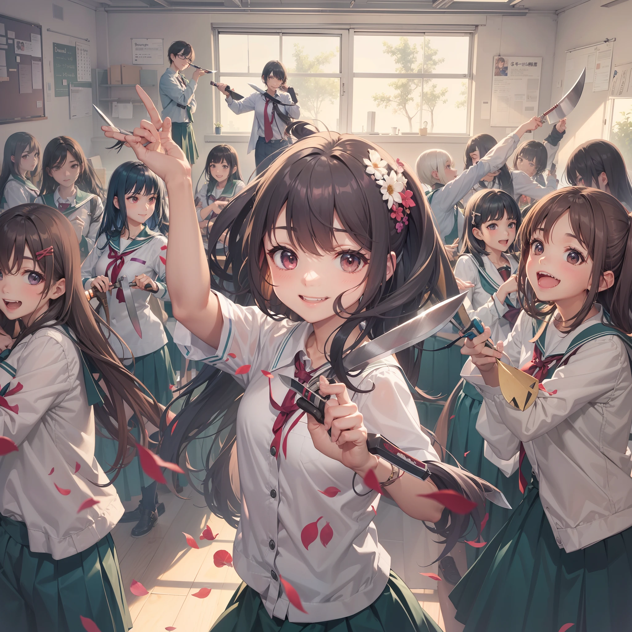 Unpleasant smile of a girl who loves knives in a school classroom、Niccoli holding a knife in one hand、Classmates run away