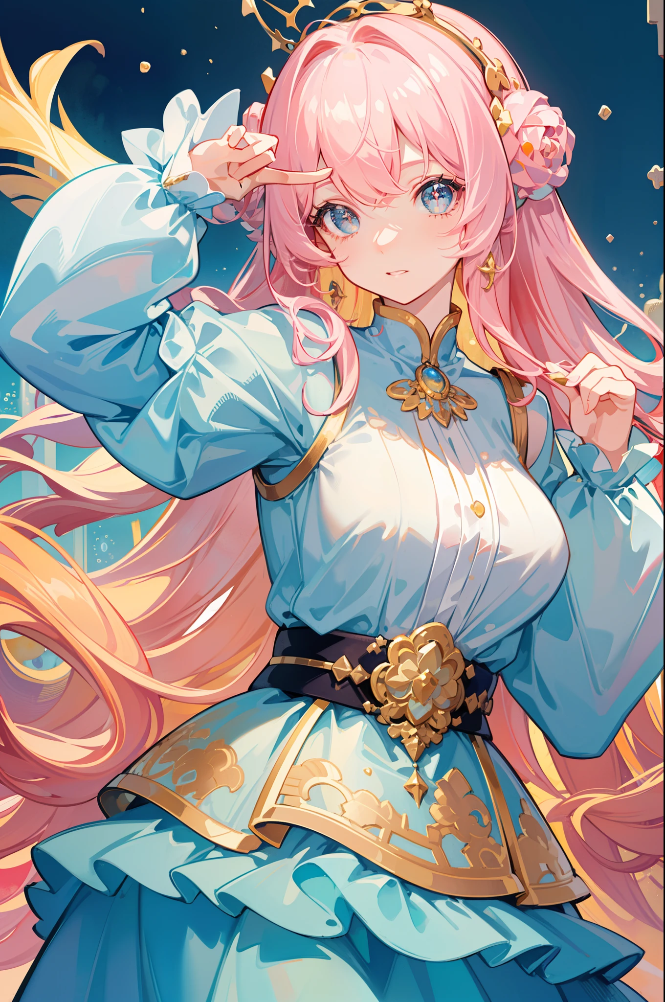 masterpiece, best quality, 8k resolution, sharp focus, intricate detail, beautiful girl, sparkling eyes, golden ratio face, otherworldly liquid, watercolor, muted colors, bright colors, whimsical, colorful, sharp focus, high resolution, fine detail, ((layered tiered puffy long sleeves ballgown)), ((round eyes)), iridescent bubbles, fantasia background