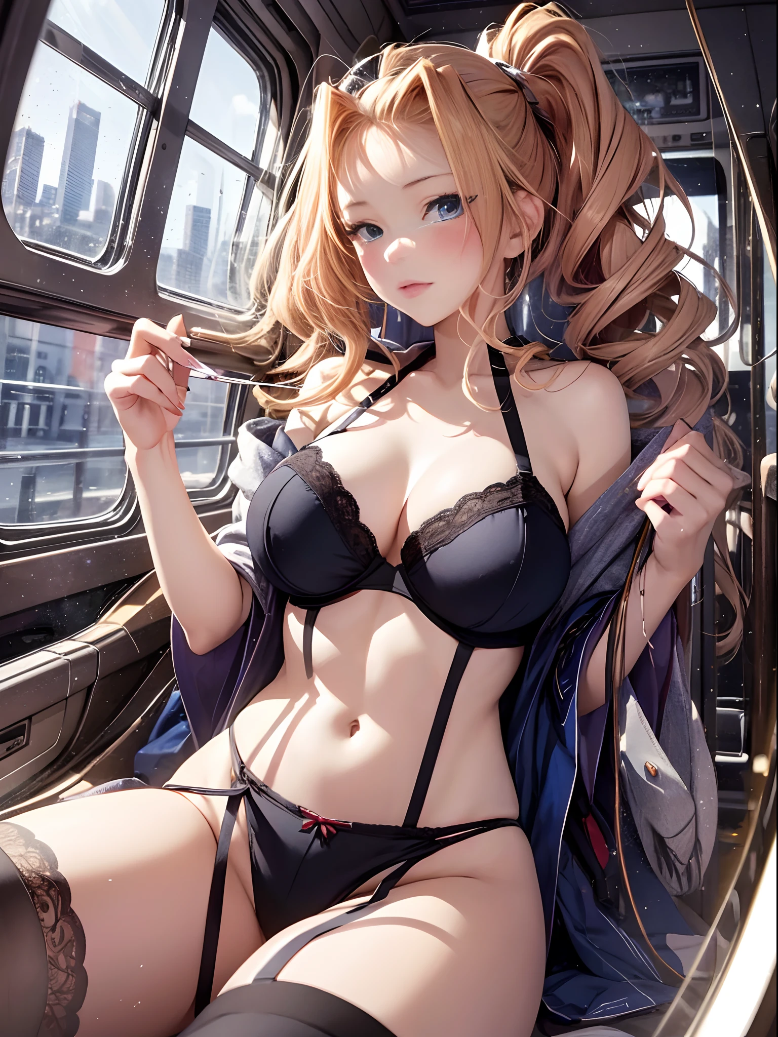 （Enrich the picture，Masterpiece level quality）Beautiful 8K CG artwork，Goddess-like posture，Sitting in the cabin of an airplane，Postural exercises，Slim and soft，Translucent skin，Red hair、The beauty of extra-long hair, Super Long Straight Hair，The skin is fair and juicy，Big breasts lingerie miniskirt uniform，Perspective Part 1.2x enhanced silhouette effect，Exquisite transparent blues pattern in pajamas，The details are intricate and exquisite，The background is slightly blurred，Charming and lustful leg seduction，Drool，K cup big breasts，Blush，Japan goddess，Perfect body slim curves，Cabin scene，Lace panties can be seen，spread their legs，