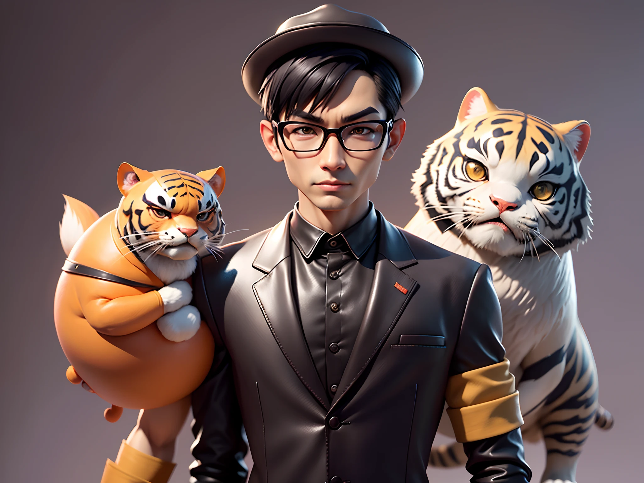 Young man with oriental face in leather hat, tiger, oriental face in formal suit, short black hair, silver glasses, digital painting, 3D character design by Mark Clairedon and Pixar and Hayao Miyazaki and Akira Toriyama, the illustration is a high-definition illustration in 4K resolution with very detailed facial features and cartoon-style visuals.