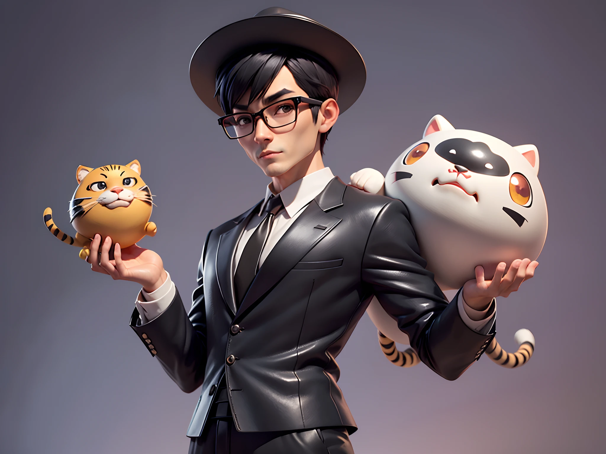 Young man with oriental face in leather hat, tiger, oriental face in formal suit, short black hair, silver glasses, digital painting, 3D character design by Mark Clairedon and Pixar and Hayao Miyazaki and Akira Toriyama, the illustration is a high-definition illustration in 4K resolution with very detailed facial features and cartoon-style visuals.