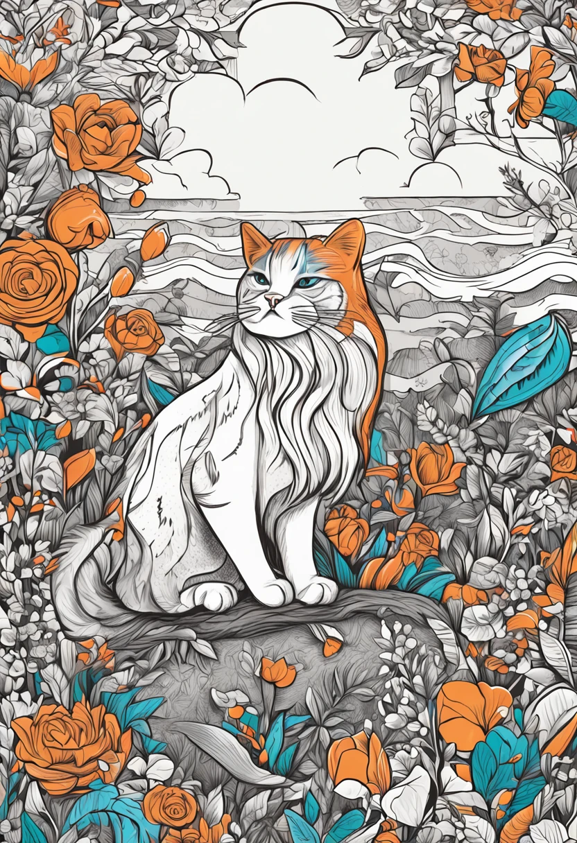 (extremamente detalhado, desenho de alta qualidade, magnificent work),adorable cat, pintado com cores alegres, capa de livro para colorir.