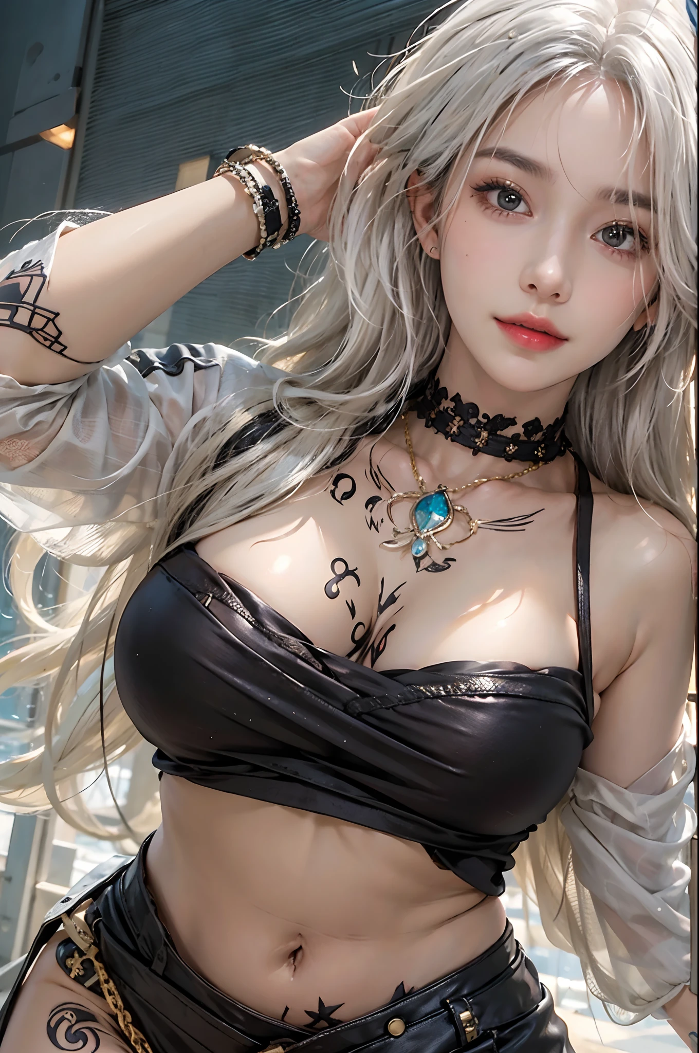 photorealistic, high resolution, 1women, solo, hips up, look at viewer, (detailed face), white hair, long hair, medium breasts, succubus, belly tattoo