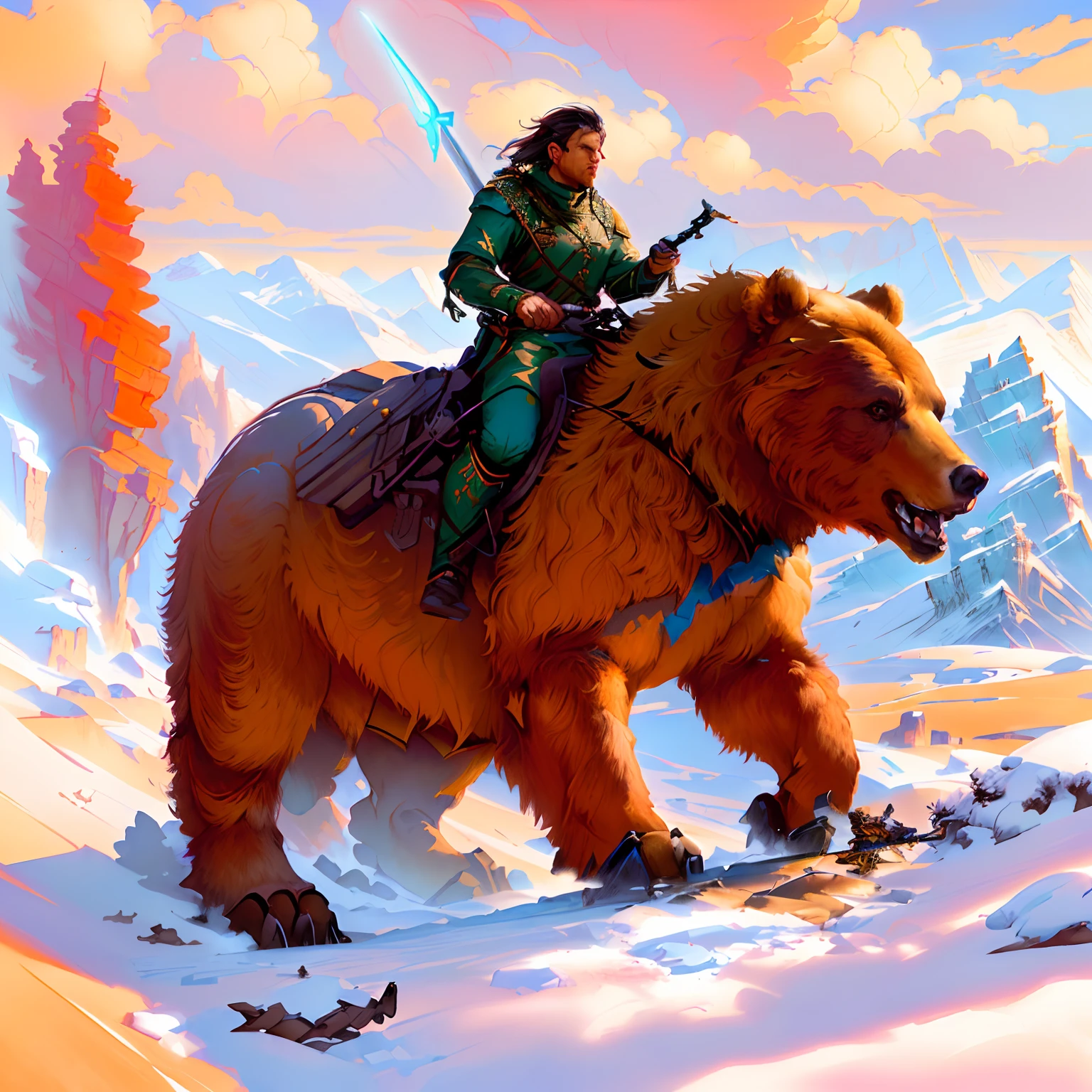 Araff riding a bear with a sword in a mountain landscape, wojtek fus, Beep and Tim Hildebrandt, inspired by the Hildebrandt brothers, Concept art | rhads, inspired by the Hildebrandt brothers, inspired by Tim and Greg Hildebrandt, Johannes Helgeson, beeple and greg rutkowski, 8k fantasy art, epic rpg artwork