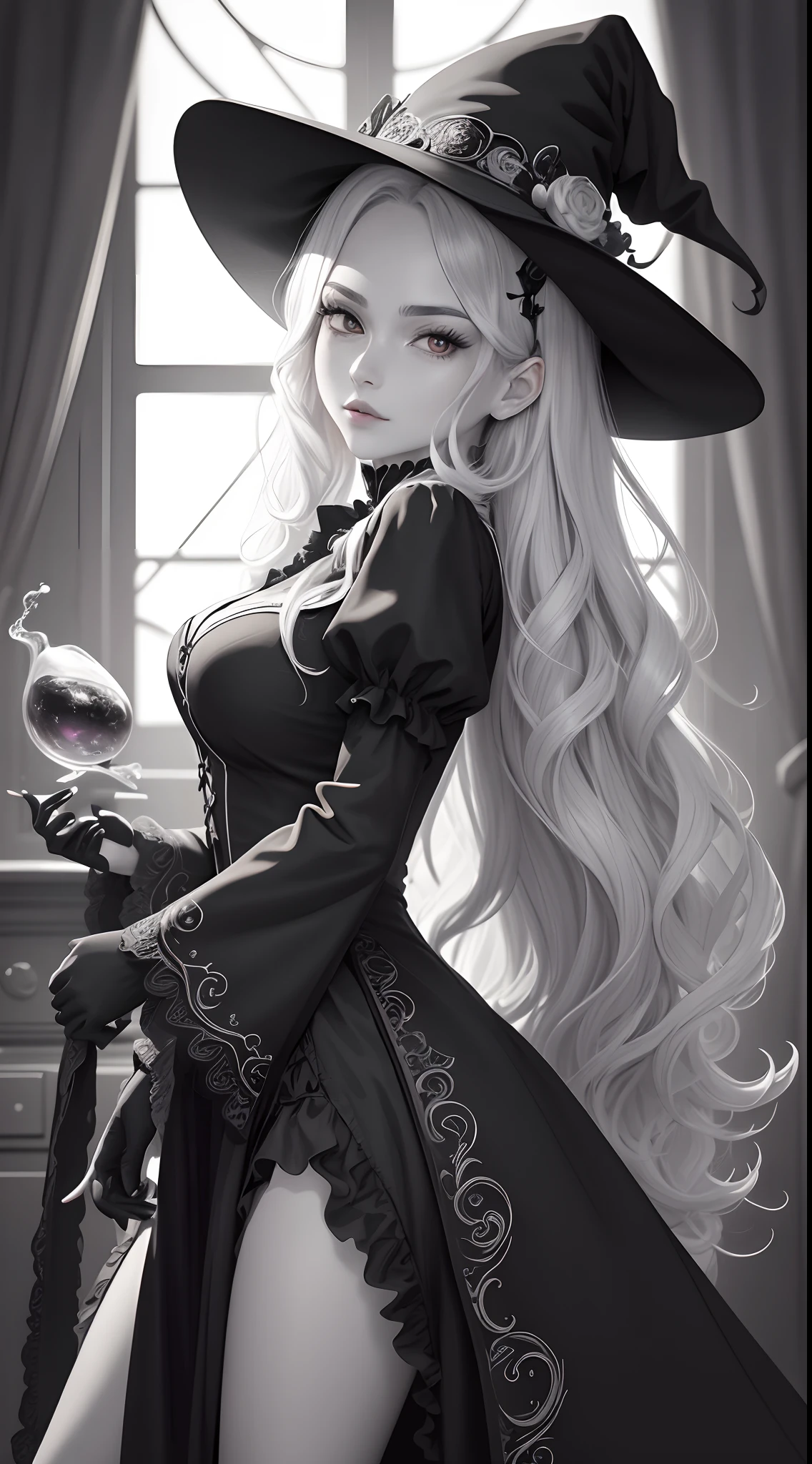 Coloring page, Black and white line art coloring page of a beautiful Witch halloween woman in the style of anime realism, wavy hair and perfect slim fit body, masterpiece digital art with animecore influence, berry, vibrant, living room, highly detailed gothic style background, eye-catching composition, artgerm, portrait, monochrome,