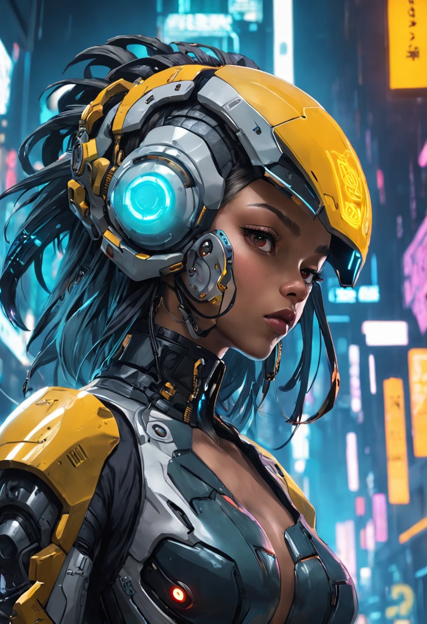 There's a woman wearing a futuristic helmet, arte cyberpunk inspirada em Hedi Xandt, trending in cgsociety, Afrofuturismo, alta moda cyberpunk, mulher futurista da moda, Visual futurista, Futuristic style, Cyberpunk futurista, modelo bonito da mulher cyberpunk, futuristic aesthetic, Moda futurista, aesthetic cyberpunk, Foto de moda de Cyborg, estilo cyberpunk hiper-realista, no estilo cyberpunk, Retro Future, fotografia de alta moda, Vogue Italy, lente amarela futurista, Editorial de Moda, filmada em Hasselblad H4D 200MS Digital Camera, (((Ultra realista))), (((super detalhada))).foto natural, filmed on a professional camera, corte americano, HDR, 8k.