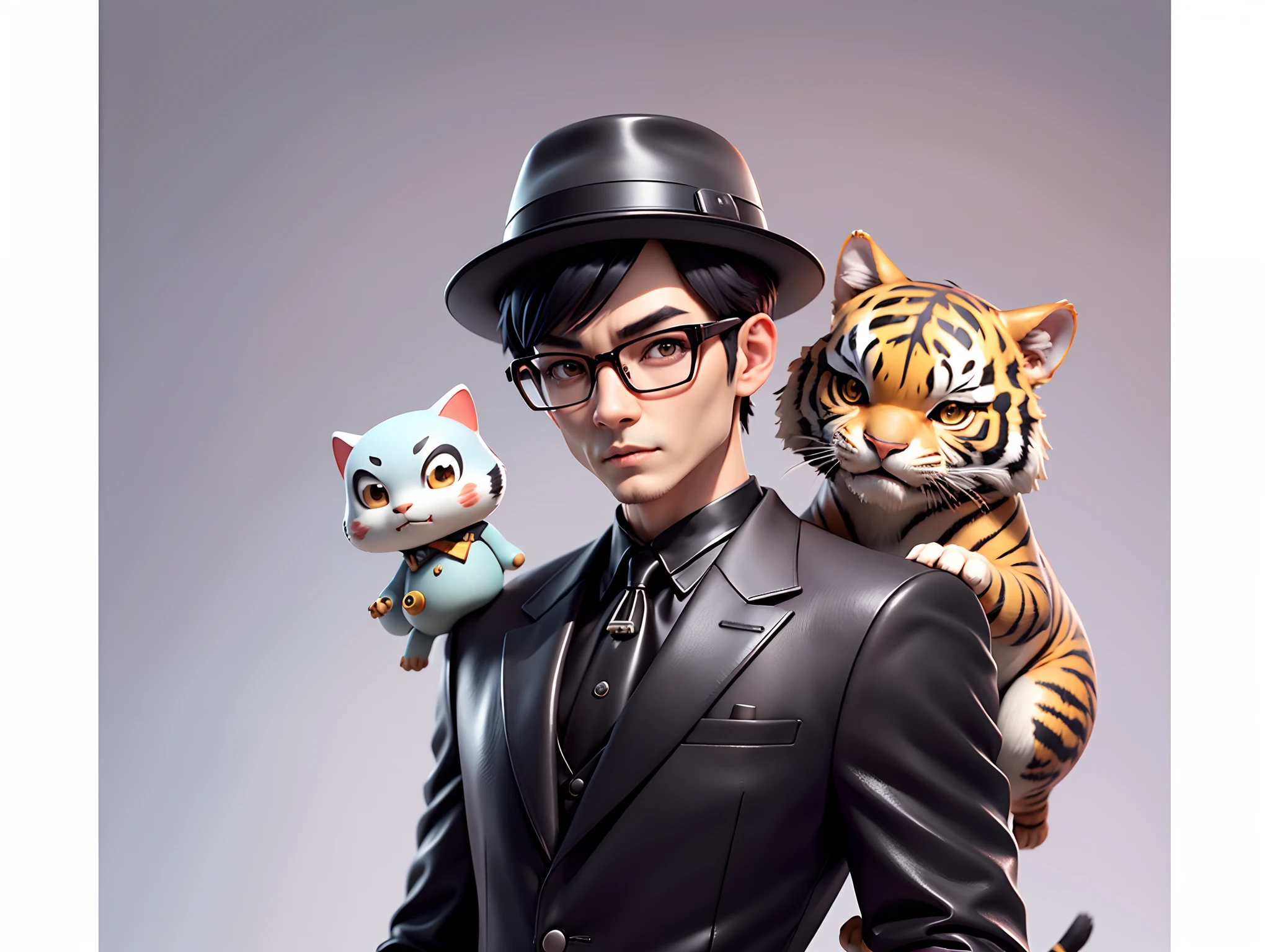 Young man with oriental face in leather hat, tiger, oriental face in formal suit, short black hair, silver glasses, digital painting, 3D character design by Mark Clairedon and Pixar and Hayao Miyazaki and Akira Toriyama, the illustration is a high-definition illustration in 4K resolution with very detailed facial features and cartoon-style visuals.