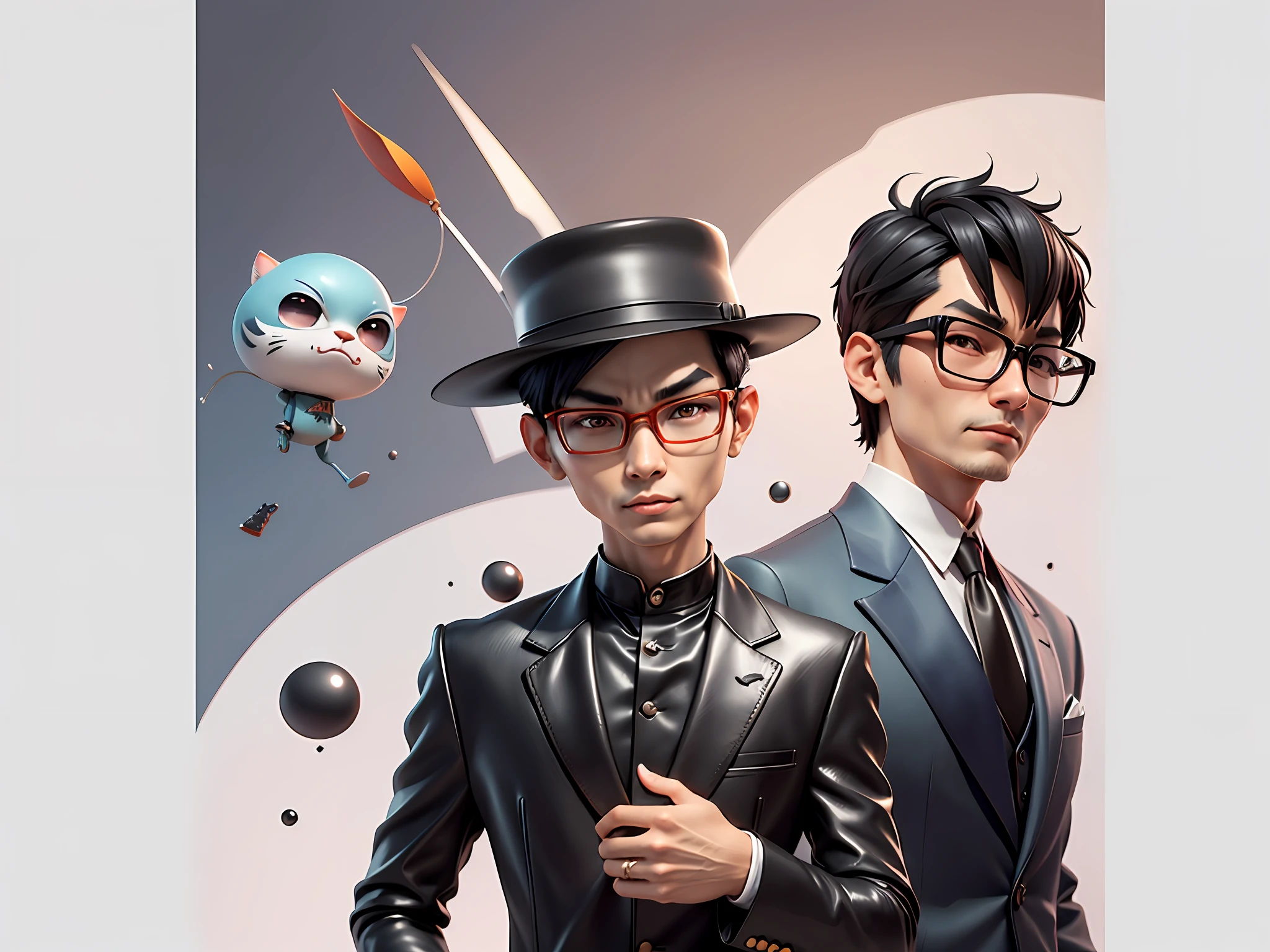 Young man with oriental face in leather hat, tiger, oriental face in formal suit, short black hair, silver glasses, digital painting, 3D character design by Mark Clairedon and Pixar and Hayao Miyazaki and Akira Toriyama, the illustration is a high-definition illustration in 4K resolution with very detailed facial features and cartoon-style visuals.