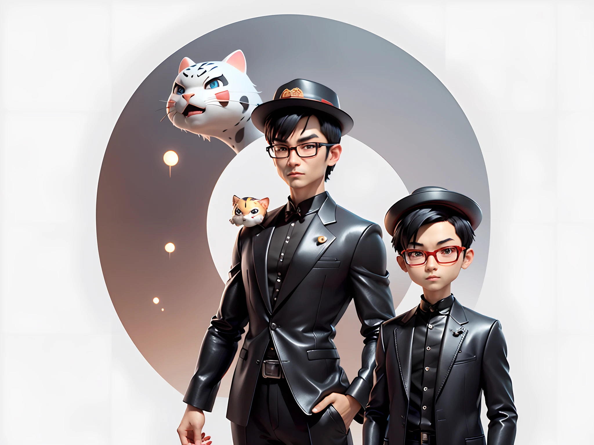 Young man with oriental face in leather hat, tiger, oriental face in formal suit, short black hair, silver glasses, digital painting, 3D character design by Mark Clairedon and Pixar and Hayao Miyazaki and Akira Toriyama, the illustration is a high-definition illustration in 4K resolution with very detailed facial features and cartoon-style visuals.