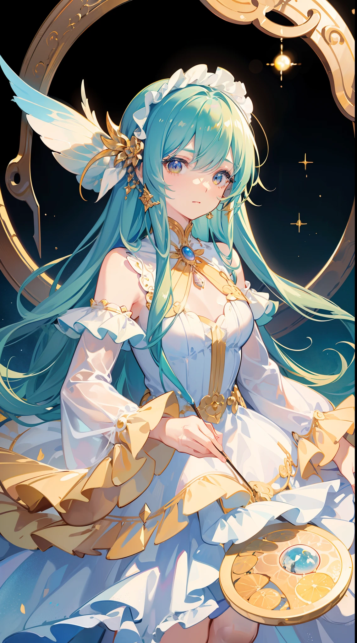 masterpiece, best quality, 8k resolution, sharp focus, intricate detail, beautiful girl, sparkling eyes, golden ratio face, otherworldly liquid, watercolor, muted colors, bright colors, whimsical, colorful, sharp focus, high resolution, fine detail, ((layered tiered puffy long sleeves ballgown)), ((round eyes)), iridescent bubbles, fantasia background