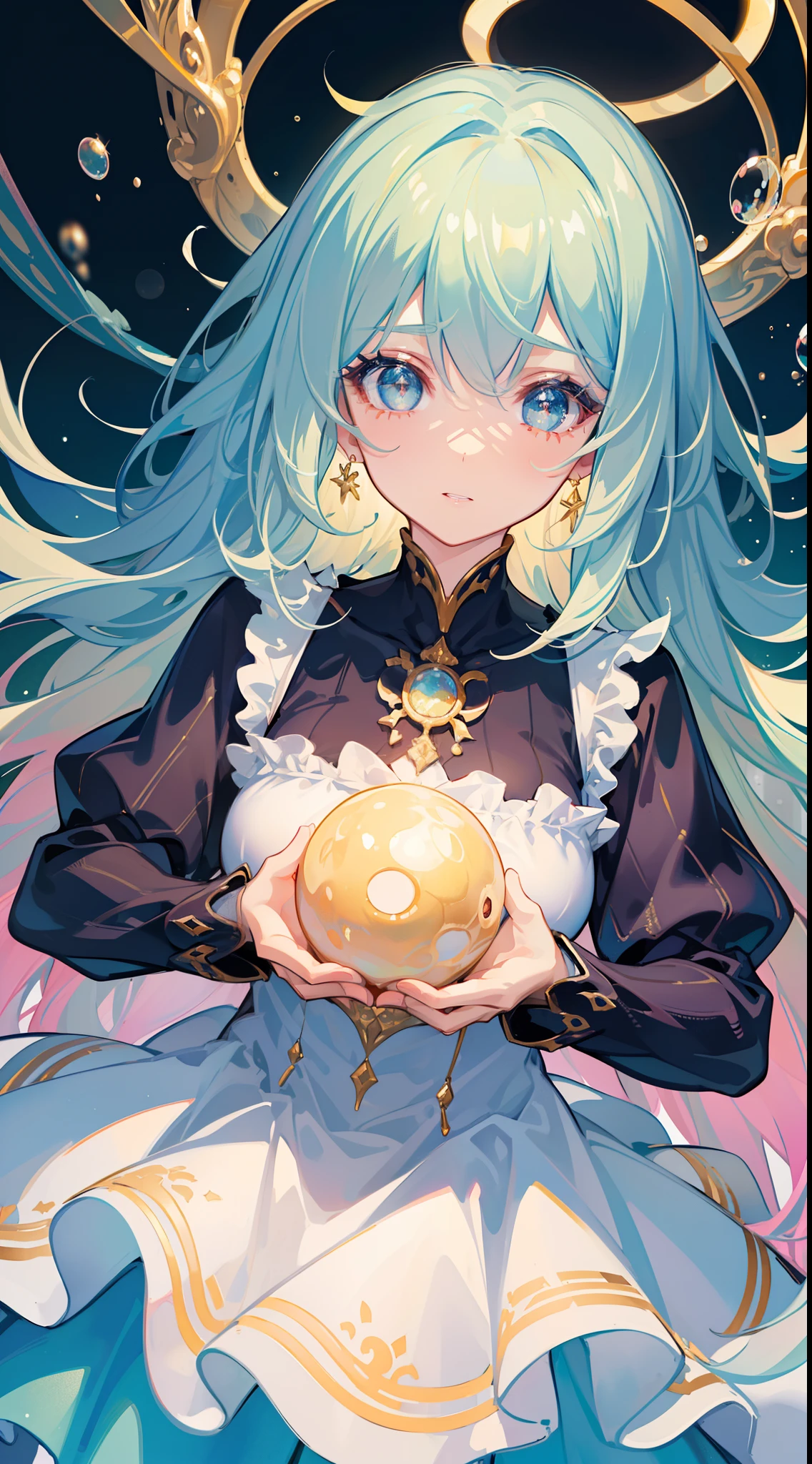 masterpiece, best quality, 8k resolution, sharp focus, intricate detail, beautiful girl, sparkling eyes, golden ratio face, otherworldly liquid, watercolor, muted colors, bright colors, whimsical, colorful, sharp focus, high resolution, fine detail, ((layered tiered puffy long sleeves ballgown)), ((round eyes)), iridescent bubbles, fantasia background
