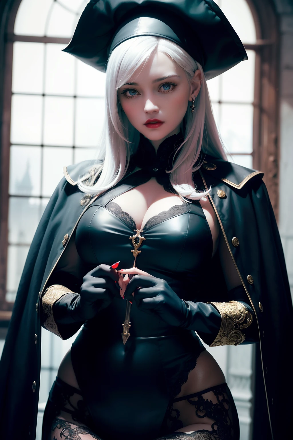 (((Dark Bloodbourne style aesthetic))) (Masterpiece) realistic big bust to the pelvic area ((beauty shape)) of a beauty hyperrealist & photorealist beauty young astonishing dark girl in "cropped white & black hunting pirate clothing" (((from 18th century))) highly & extremely detailed with cape & scarf (masterpiece), (((holding two blade highly detailed))), Unity 8k, pearly perfect wet skin with pores (((white hair & black tricorn hat from 18th century))) ((perfect face shapes, complete perfect red lips, perfect nose, correct beautiful eyes, eyelashes, detailed intricate iris textured face in ZBrush)), Ultra HD, vines, (((cold colores illumination))), developed by Unreal Engine 5, Ultra Sharp Focus, Art by Alberto Seveso, Sci-Fi, vibrant & intricate Artwork, golden Ratio, epic