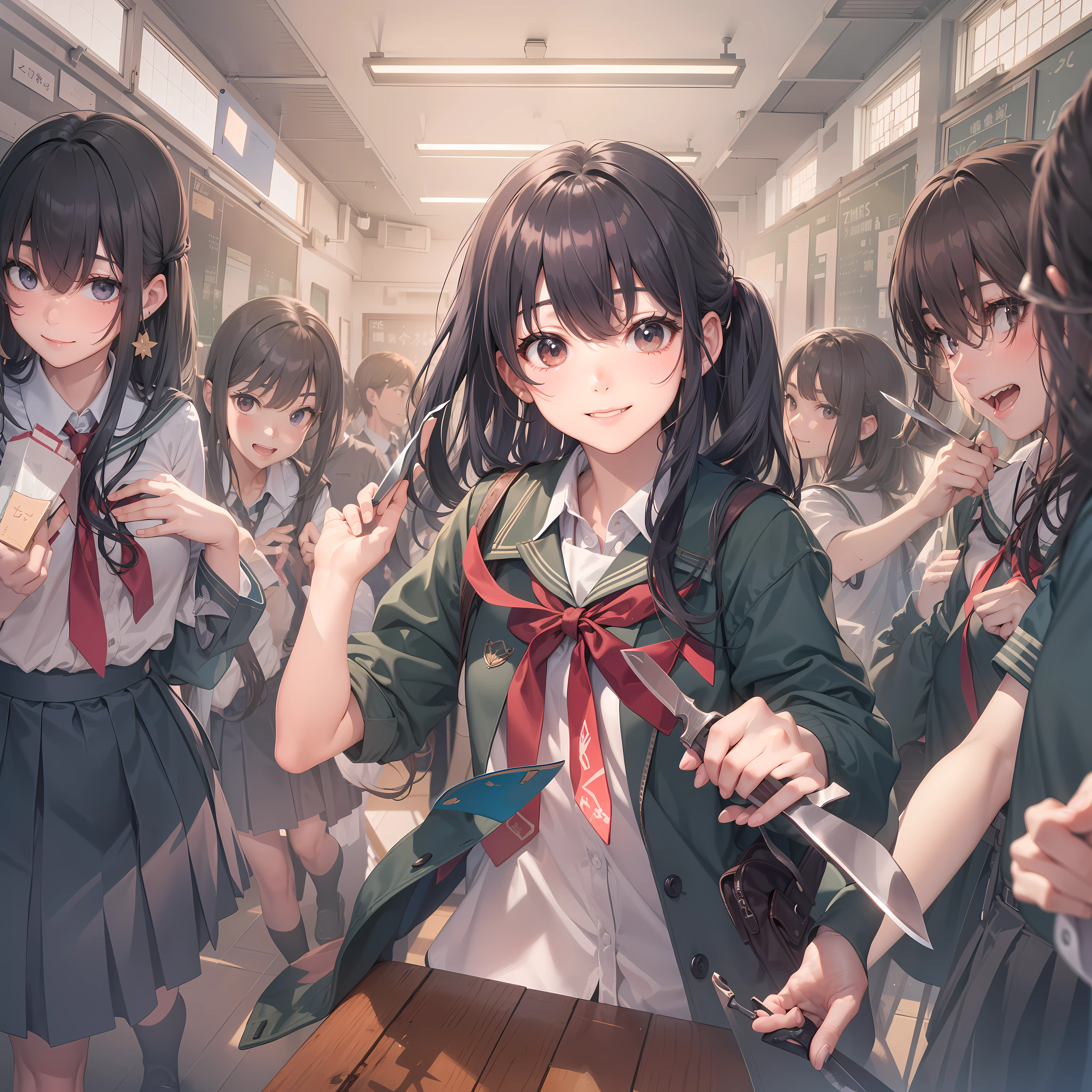 Unpleasant smile of a girl who loves knives in a school classroom、Niccoli holding a knife in one hand、Classmates run away