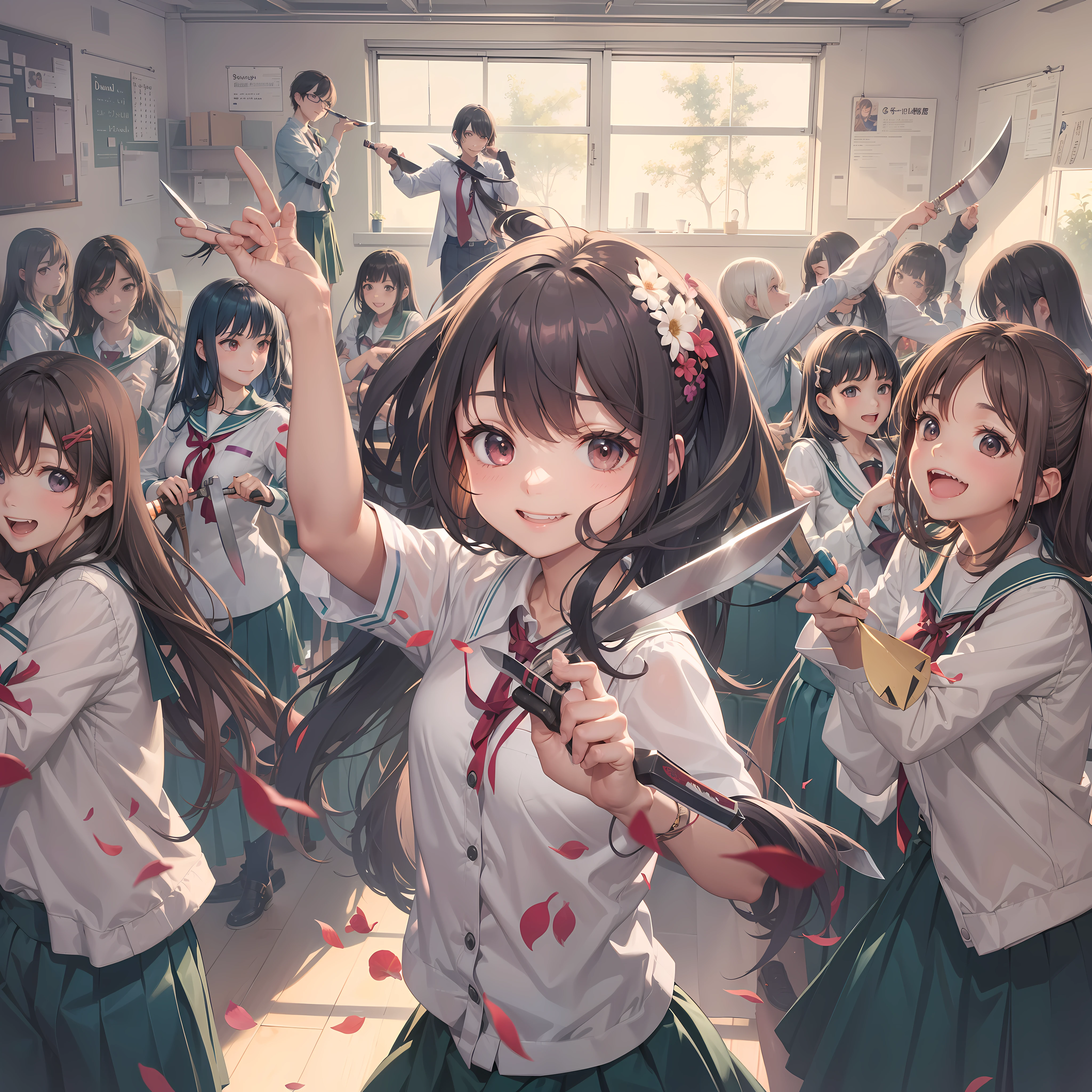 Unpleasant smile of a girl who loves knives in a school classroom、Niccoli holding a knife in one hand、Classmates run away