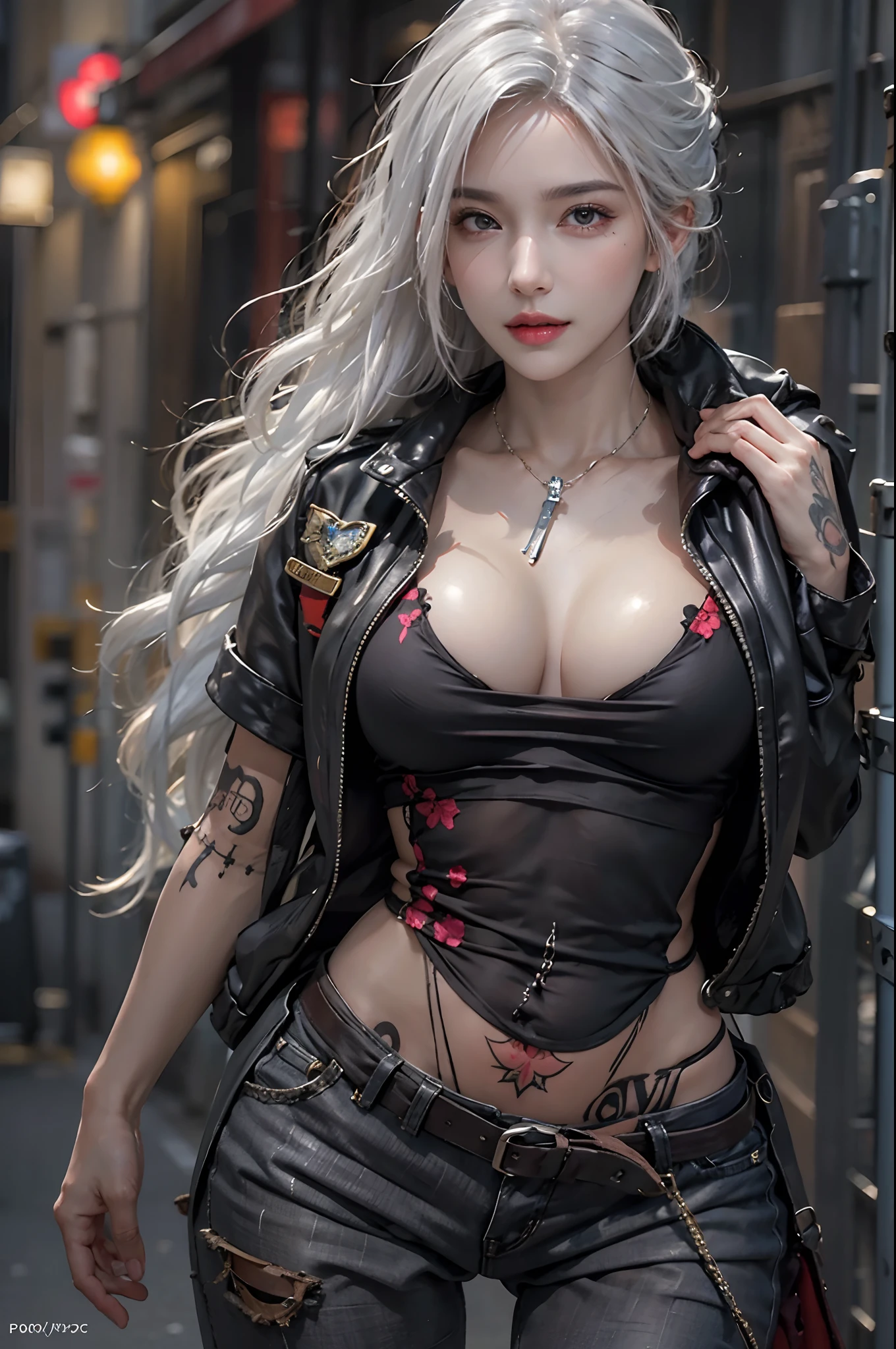photorealistic, high resolution, soft light,1women, solo, hips up, shining skin, (detailed face),tattoo, jewelry, street wear, fashion, night, white hair, wavy hair, Beautiful Soldier, Eyes That Invite Viewer, Lover's Perspective, Inviting Expression, Sexy Smile, Perfect Style, Perfect Balance, Detailed Skin, Naughty Gaze, Chest Visible