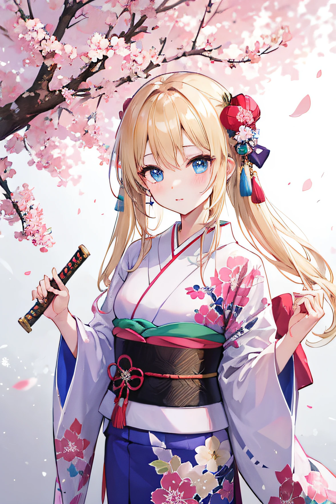 Blue eyes、a blond、a beauty girl、kimono、cherry trees、Japanese Katana Sword