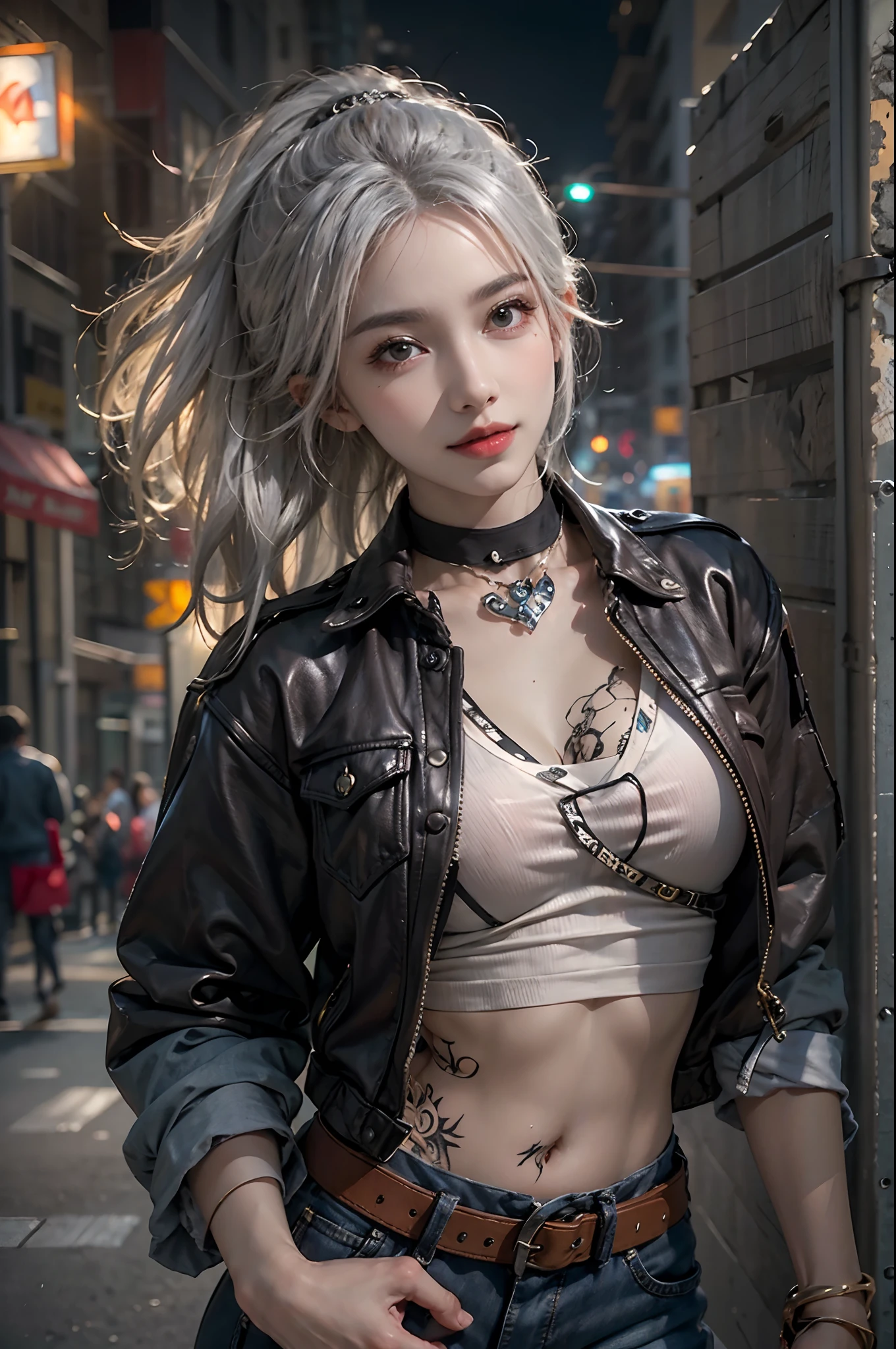 photorealistic, high resolution, soft light,1women, solo, hips up, shining skin, (detailed face),tattoo, jewelry, street wear, fashion, night, white hair, wavy hair, Beautiful Soldier, Eyes That Invite Viewer, Lover's Perspective, Inviting Expression, Sexy Smile, Perfect Style, Perfect Balance, Detailed Skin, Naughty Gaze, Chest Visible