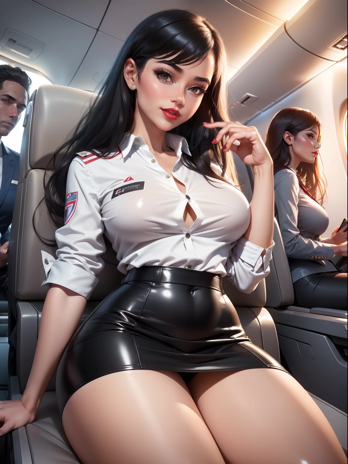 (sexy girl 25 years old),stunning girl, flight attendant,beautifull face,red lips,tight skirt,(white aviator shirt), bare legs,big thighs,big tits, black hair, dark eyes, looking at viewer, bright skin,pussy,tits out,sexy, (shiny skin:1.2), upper body,smiling subtly,atractive atitude,beautiful,natural (on a business class plane), ,short black skirt,(ultrarealistic),high quality,4k(masterpiece), (best quality)