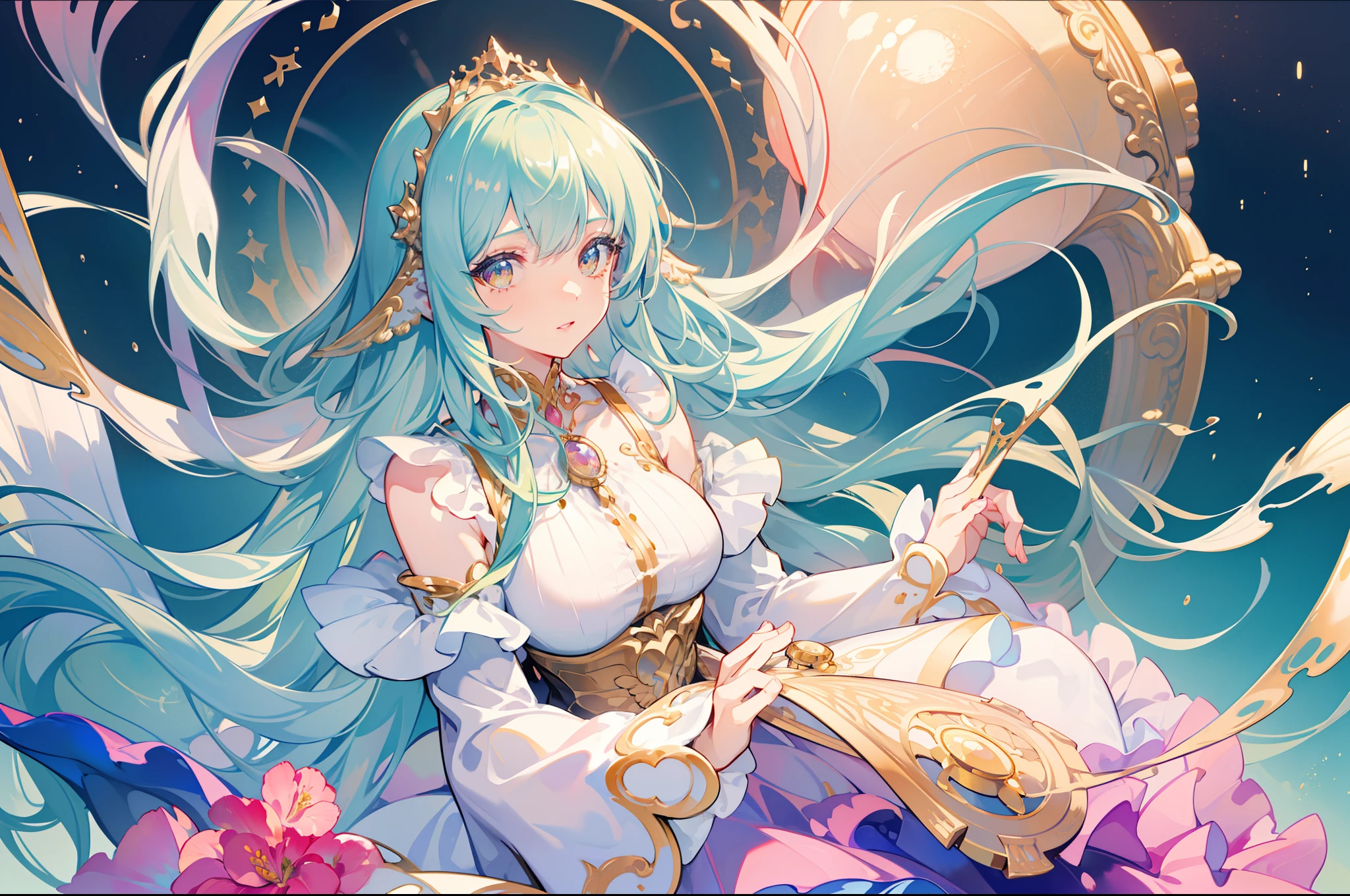 masterpiece, best quality, 8k resolution, sharp focus, intricate detail, beautiful girl, sparkling eyes, golden ratio face, otherworldly liquid, watercolor, muted colors, bright colors, whimsical, colorful, sharp focus, high resolution, fine detail, ((layered tiered puffy long sleeves ballgown)), ((round eyes)), iridescent bubbles, fantasia background