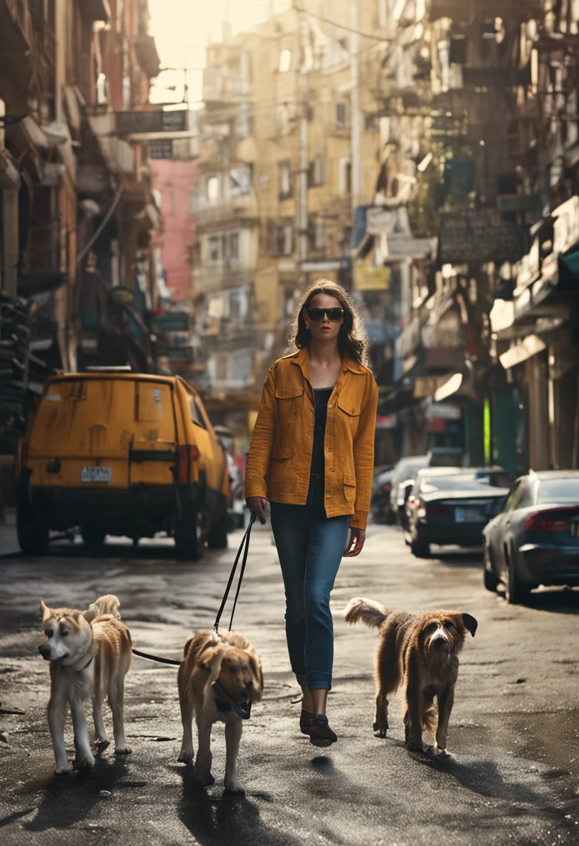 A sexy woman,Wear jeans,White T-shirt,Walking the dog in the city