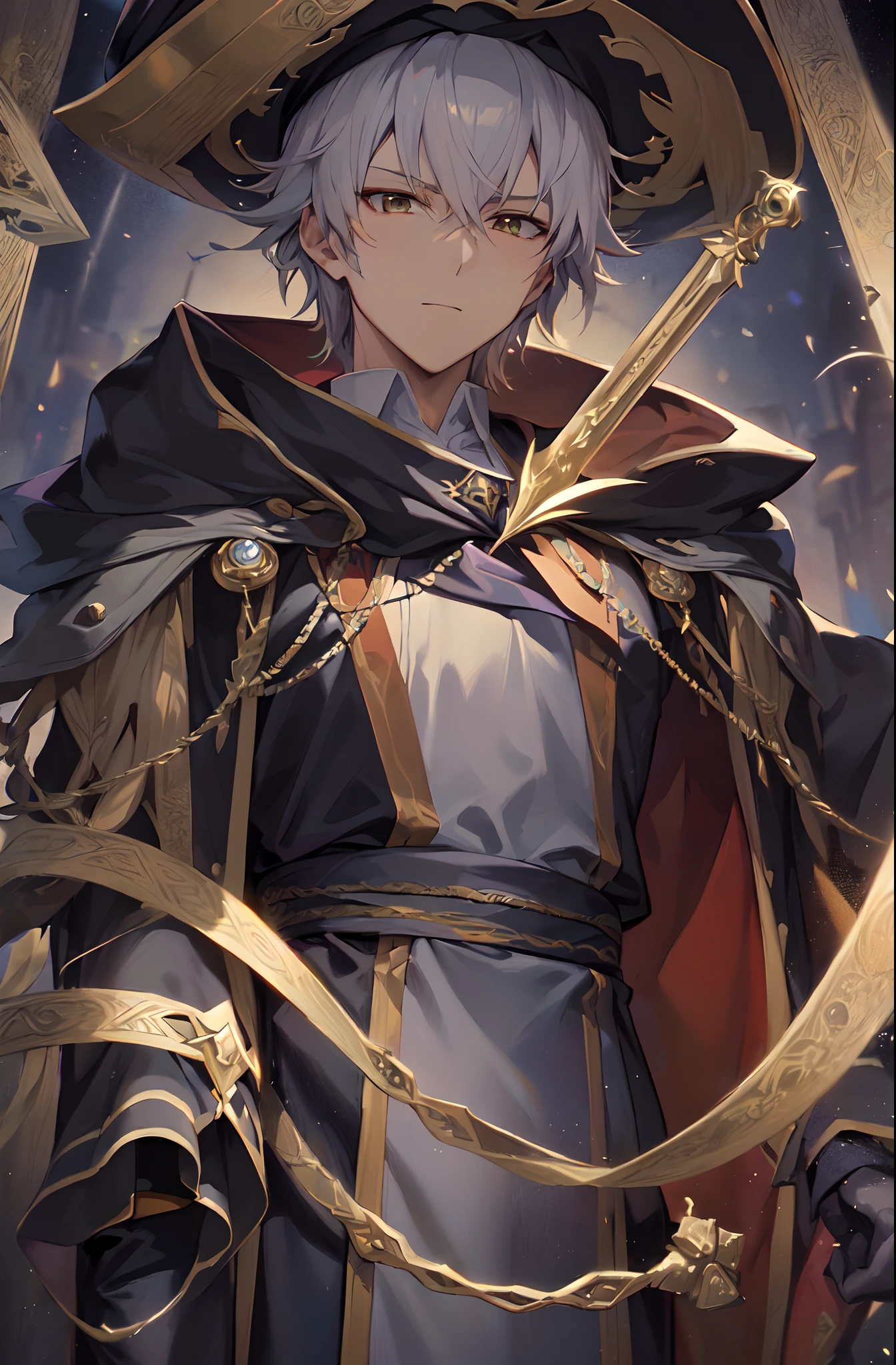 ((anime style, anime,)) ((complementary colors)), ((grand wizard and a master of magic)), ((mage robes and hat)), ((mature male)), ((early 20s)), toned, ((wizard male)), 1boy, Masterpiece, absurdres, fine detail, HDR, FH, solo, upper body, charming expression, ((short white hair)),
