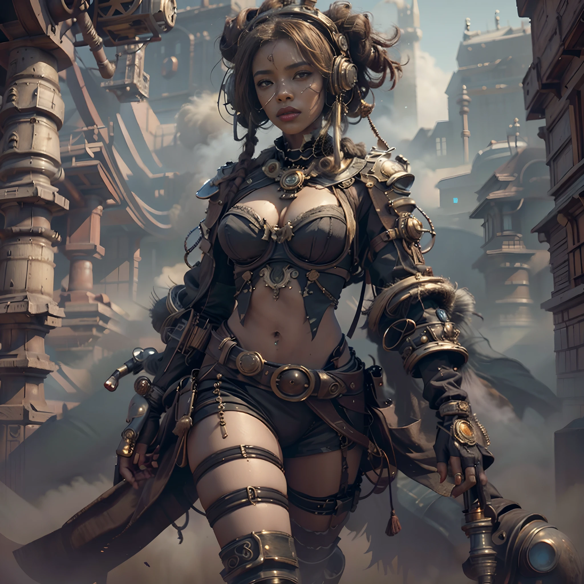 There's a sexzy african woman with a steam-powered dusky skin, Royal look,helmet, arte conceitual steampunk, sexzy full body view,soft breast,dark smoke fog background,arte steampunk digital, arte steampunk de alta qualidade, Wojtek FUS, arte digital steampunk, detailed wild steampunk illustration,  shape eyes, full lips. slim body, breathtaking beauty, vibrant, comprehensive cinematic, 8k, cinematic lighting, best quality, 4k