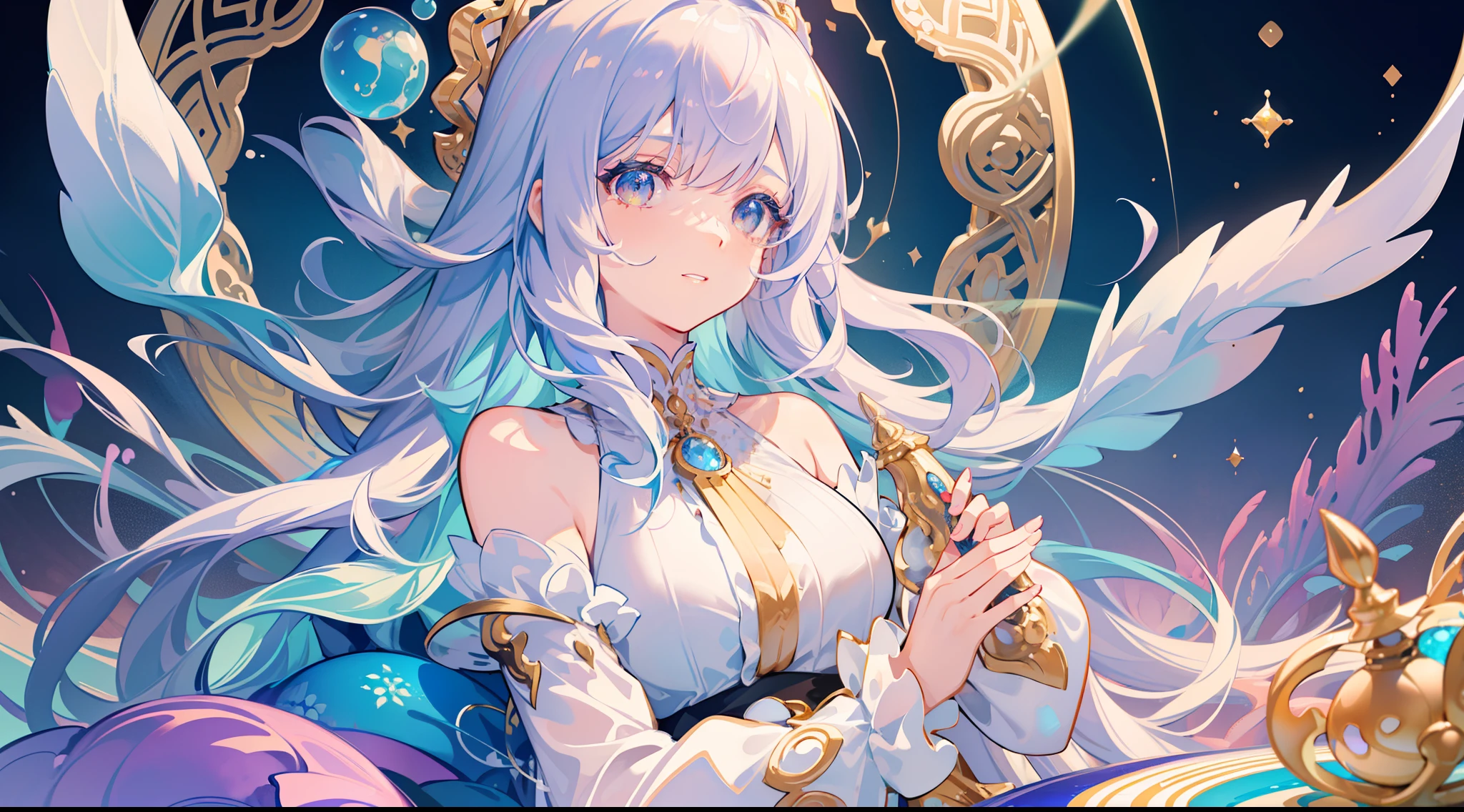 masterpiece, best quality, 8k resolution, sharp focus, intricate detail, beautiful girl, sparkling eyes, golden ratio face, otherworldly liquid, watercolor, muted colors, bright colors, whimsical, colorful, sharp focus, high resolution, fine detail, ((layered tiered puffy long sleeves ballgown)), ((round eyes)), iridescent bubbles, fantasia background