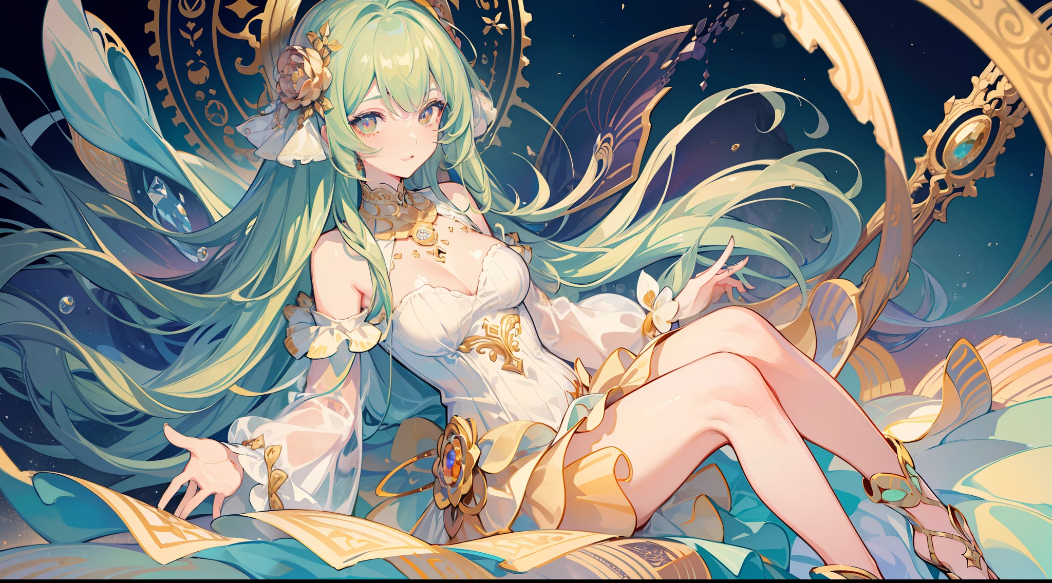 masterpiece, best quality, 8k resolution, sharp focus, intricate detail, beautiful girl, sparkling eyes, golden ratio face, otherworldly liquid, watercolor, muted colors, bright colors, whimsical, colorful, sharp focus, high resolution, fine detail, ((layered tiered puffy long sleeves ballgown)), ((round eyes)), iridescent bubbles, fantasia background